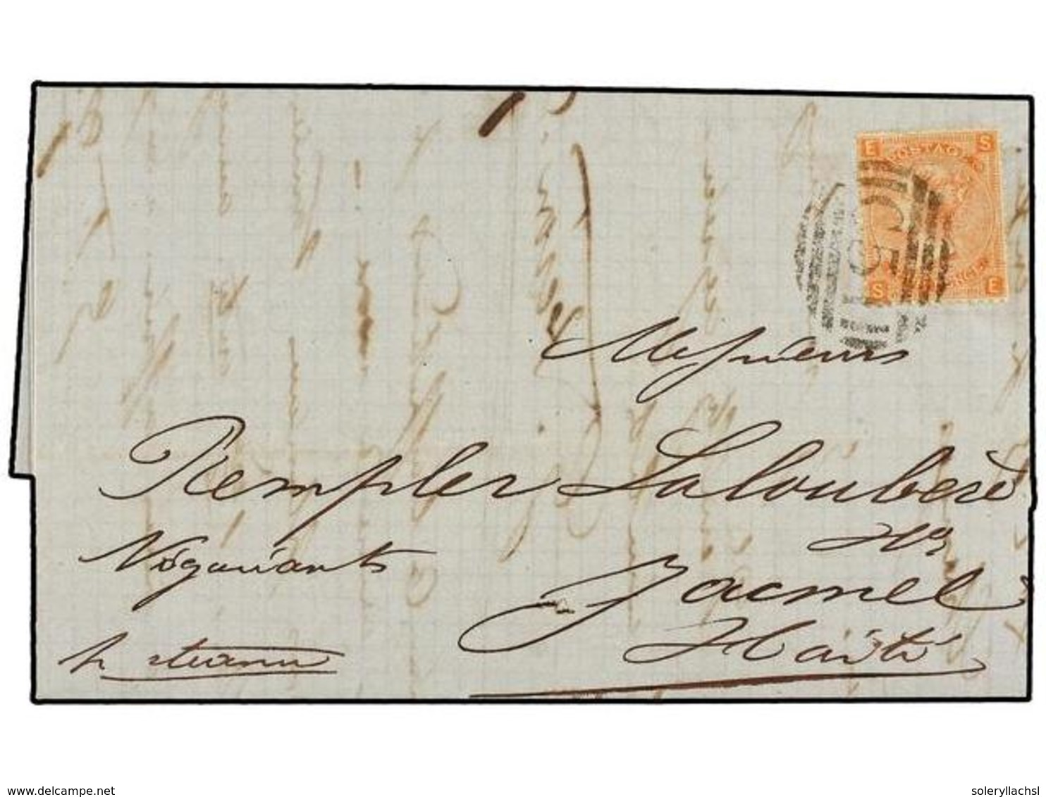 195A ANTILLAS DANESAS. 1867. ST. THOMAS To JACMEL (Haiti). Entire Letter Franked With GB <B>4 D.</B> Orange Stamp Tied B - Other & Unclassified