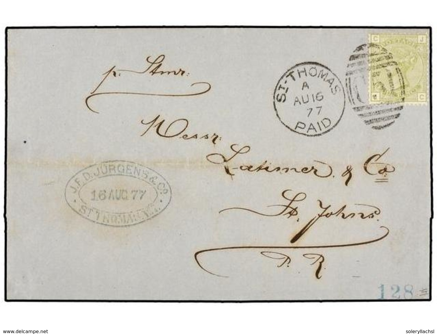 196 ANTILLAS DANESAS. 1877. SAINT THOMAS To SAN JUAN (Puerto Rico). Complete Letter Franked With British <B>4d.</B> Gree - Other & Unclassified