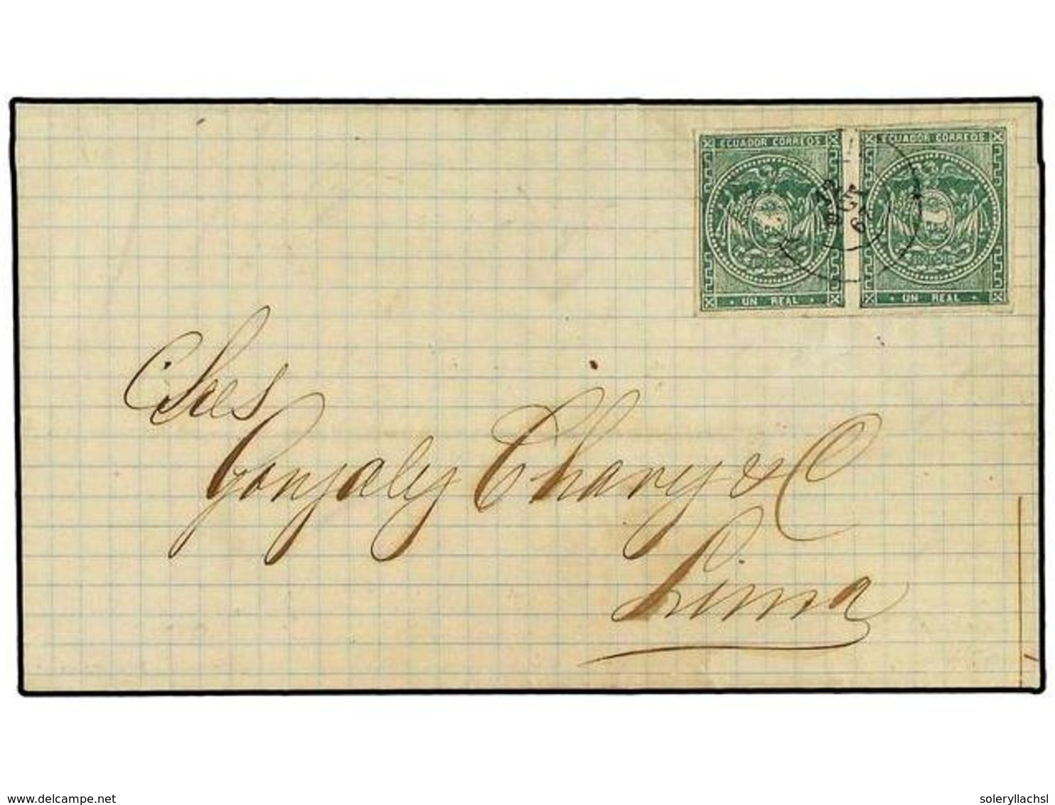 199 ECUADOR. 1867. Cover To PERU, Franked With Pair Of <B>1 R.</B> Green (M 2), Cancelled By <B>GUAYAQUIL</B> Cds. A Ver - Other & Unclassified