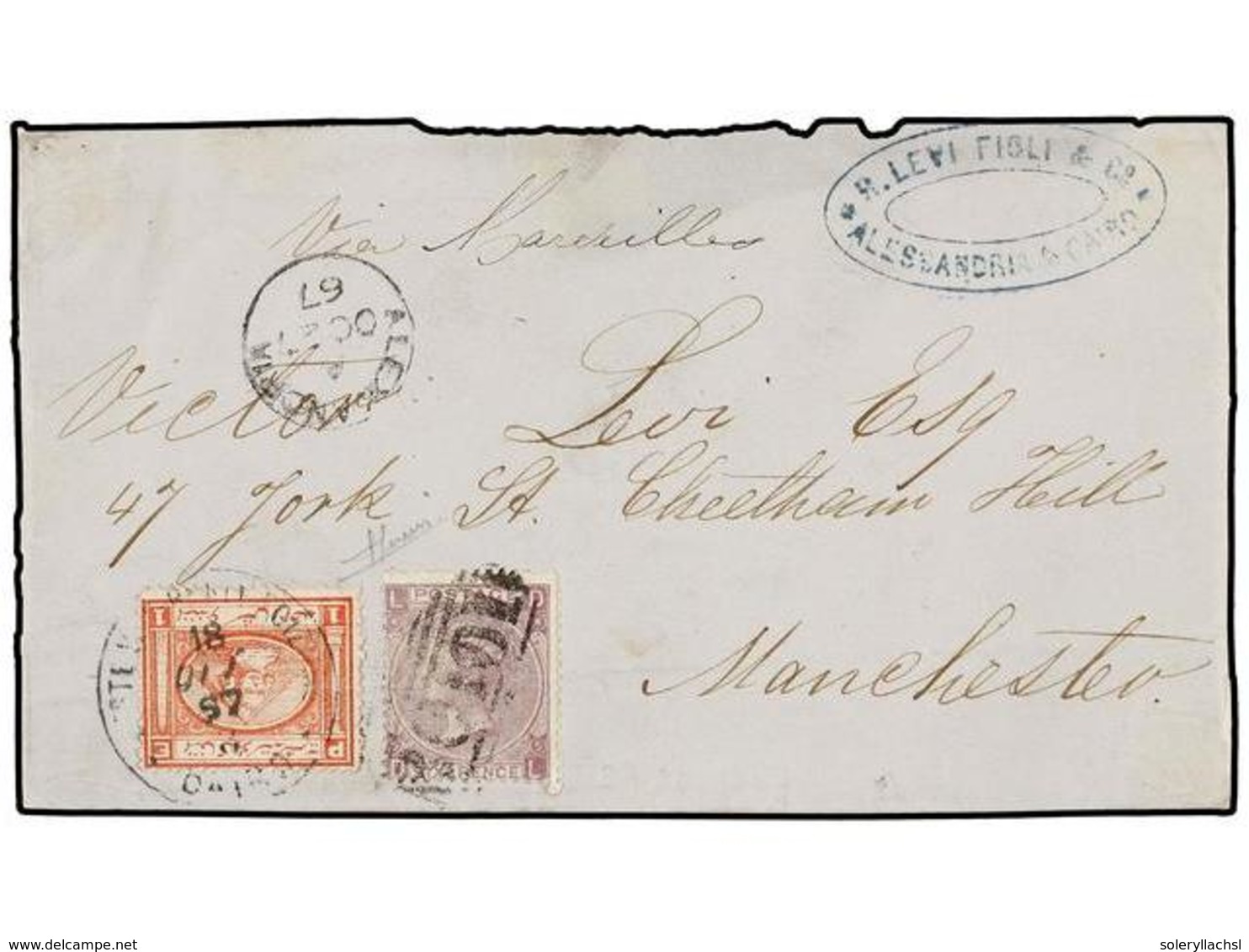 204 EGIPTO. 1867. <B>1 Pia.</B> Red Used On Cover Front To MANCHESTER Tied By <B>POSTE VICE-REALI EGIZIANE/CAIRO</B> Cds - Other & Unclassified