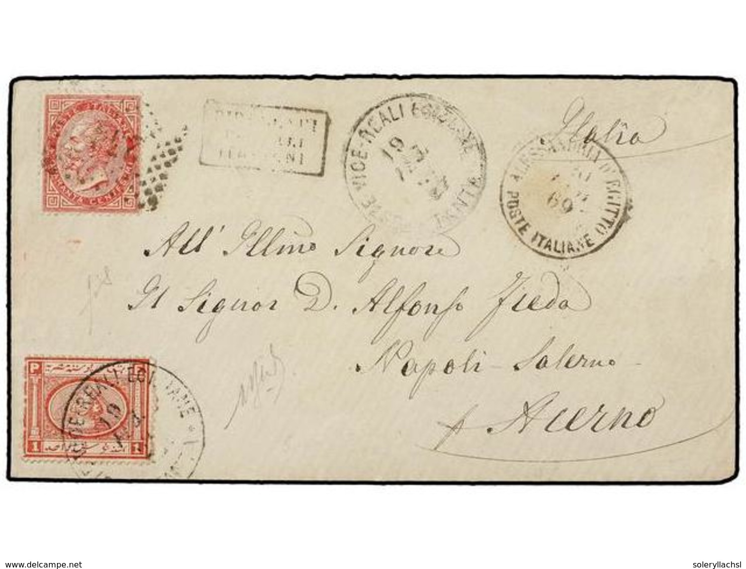 205 EGIPTO. Sg.14. 1869 (Feb. 19). Cover From TANTA To NAPOLI SALERNO (Italy) Franked By 1867 <B>1pi.</B> Red Tied By Bo - Other & Unclassified