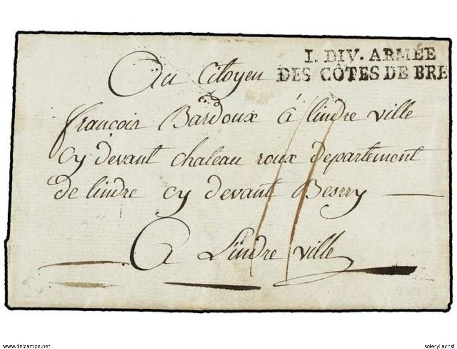 208 FRANCIA. 1795. BREST A LINDRE. Carta Completa, Marca <B>I DIV. ARMÉE/DES COTES DE BREST.</B> MAGNÍFICA. - Autres & Non Classés