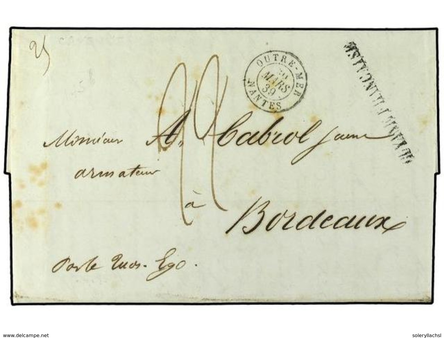 211 FRANCIA. 1839. CAYENNE (Guayana) A BORDEAUX. Marca <B>GUYANE FRANCAISE</B> Y Fechador De Entrada <B>OUTRE-MER/NANTES - Other & Unclassified