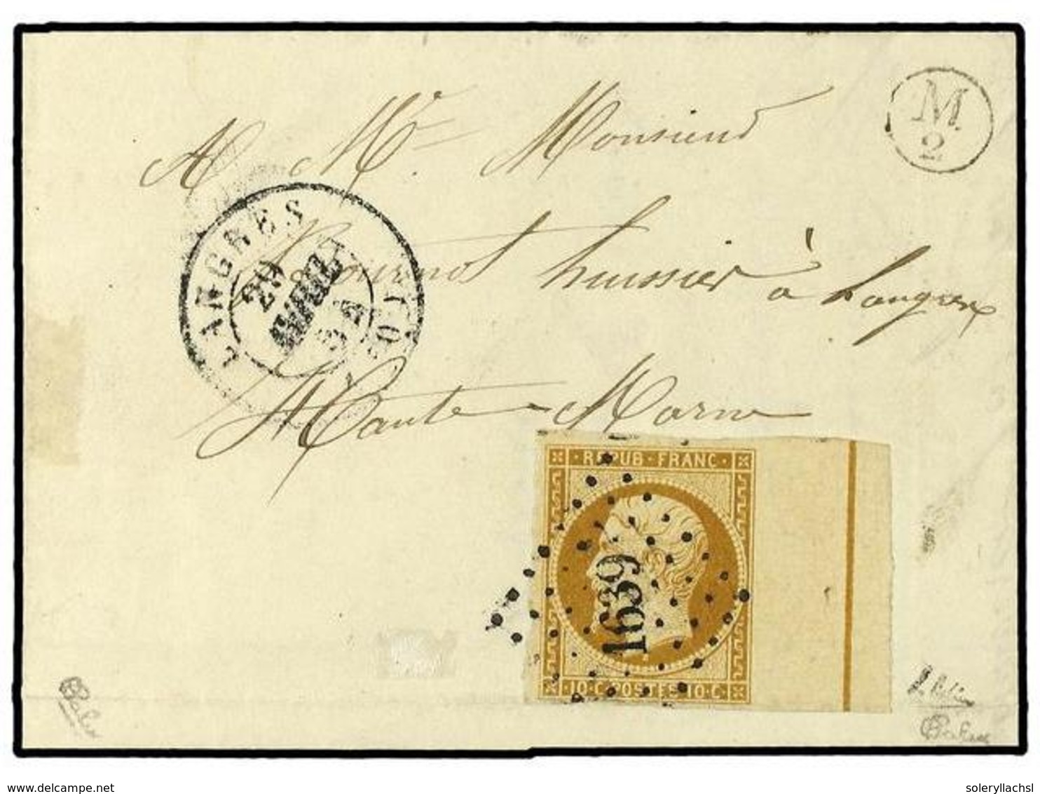 214 FRANCIA. Ce.9L. 1852. LANGRES. <B>10 Cts.</B> Bistre Con Borde De Hoja Con La Linea De Encuadre. Márgenes Completos  - Other & Unclassified