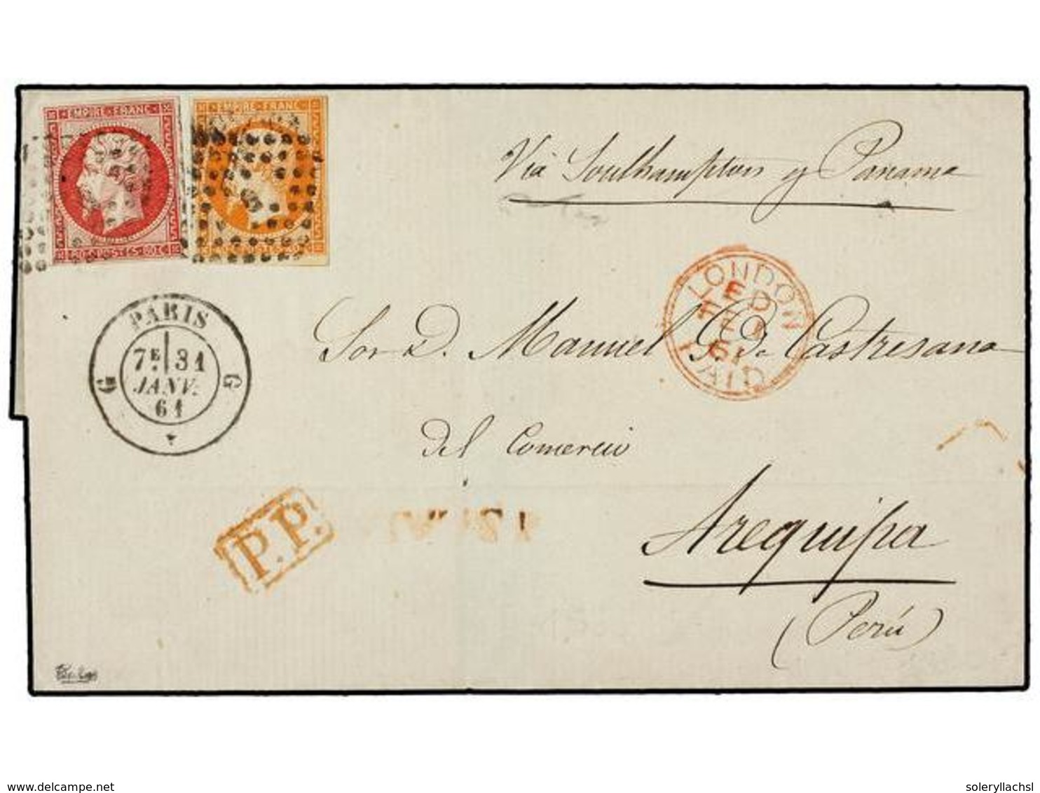 217 FRANCIA. 1861. PARIS A AREQUIPA (Peru). <B>40 Cts.</B> Naranja Y <B>80 Cts.</B> Carmín, Porte De <B>1,20 Fr.</B> Fec - Altri & Non Classificati