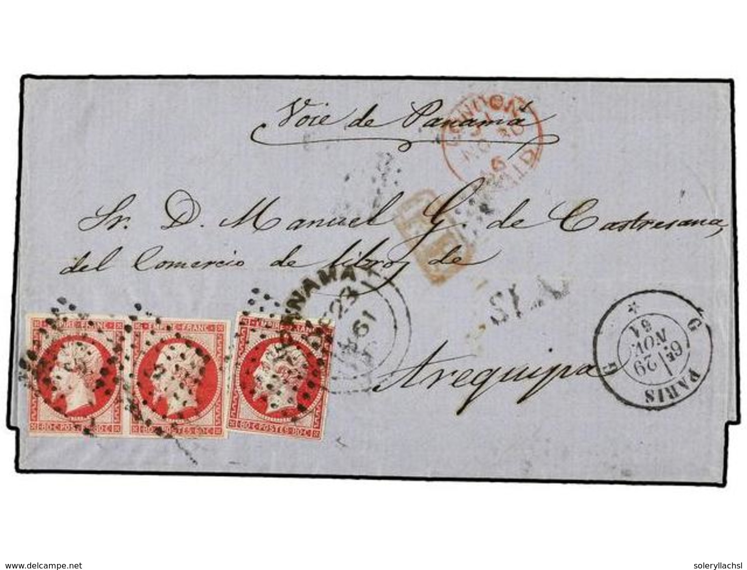 218 FRANCIA. 1861. PARIS A AREQUIPA. <B>80 Cts.</B> Rosa (3) Tarifa De <B>2,40 Fr. </B>doble Porte Por La Vía Inglesa, T - Other & Unclassified