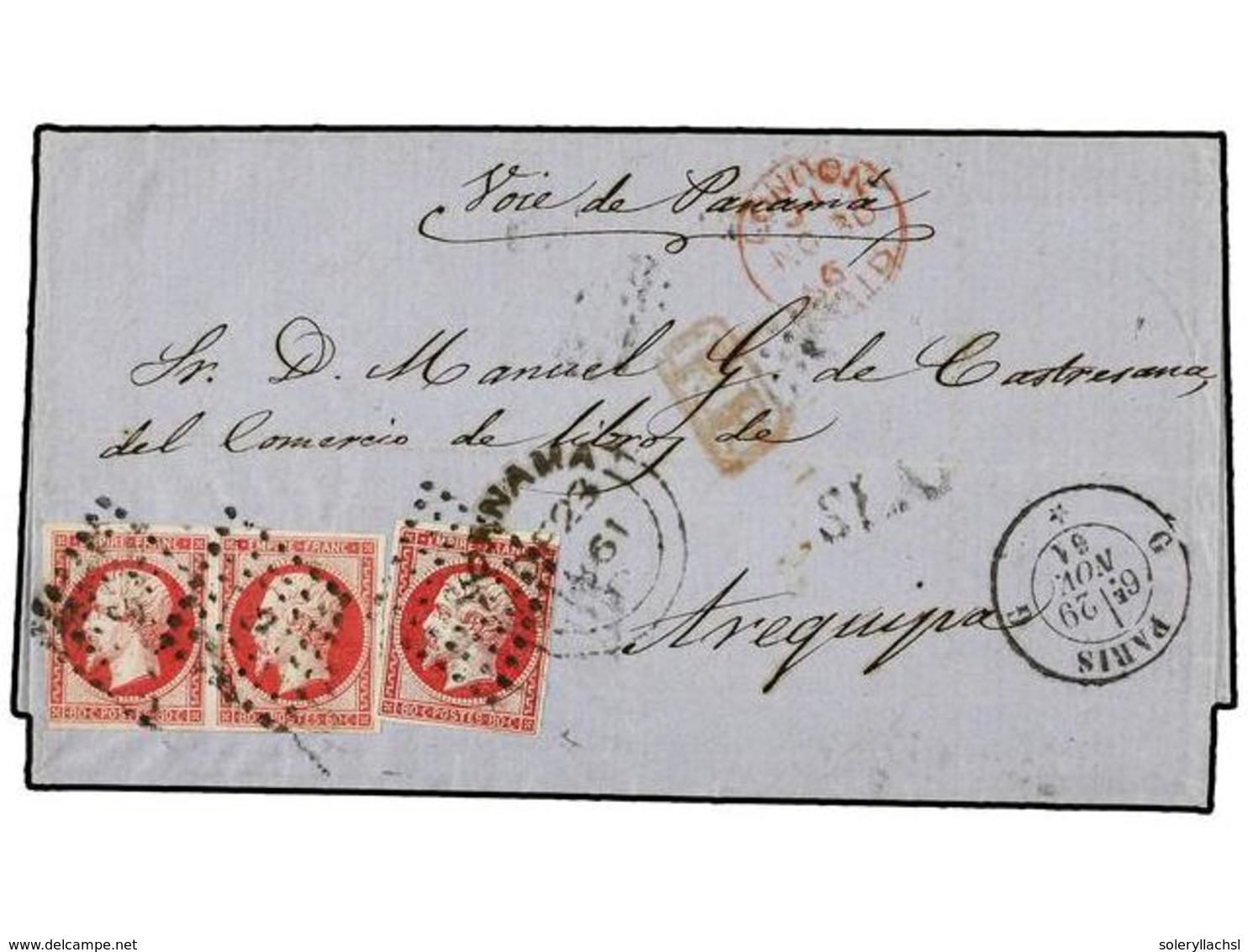 218 FRANCIA. 1861. PARIS A AREQUIPA. <B>80 Cts.</B> Rosa (3) Tarifa De <B>2,40 Fr. </B>doble Porte Por La Vía Inglesa, T - Autres & Non Classés