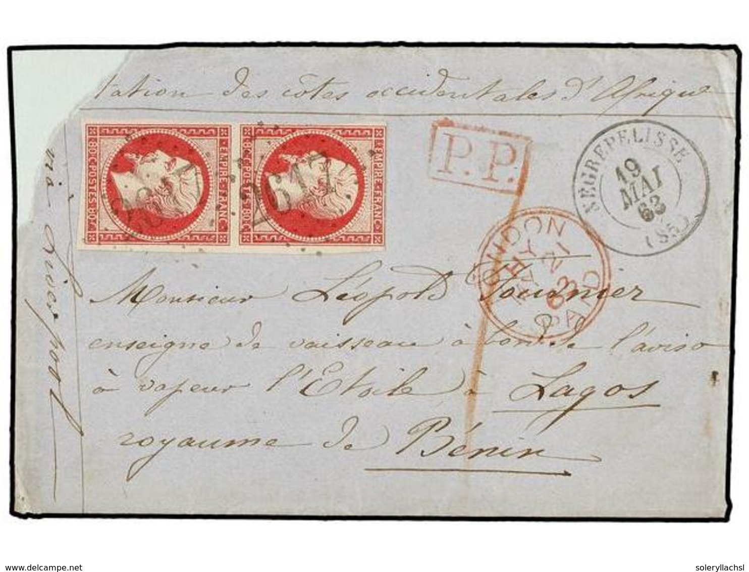 219 FRANCIA. Yv.17 (2). 1863. NEGREPELISSE A LAGOS (Nigeria). Sobre Con Franqueo De <B>80 Cts.</B> Rosa (2) Circulado Ví - Other & Unclassified