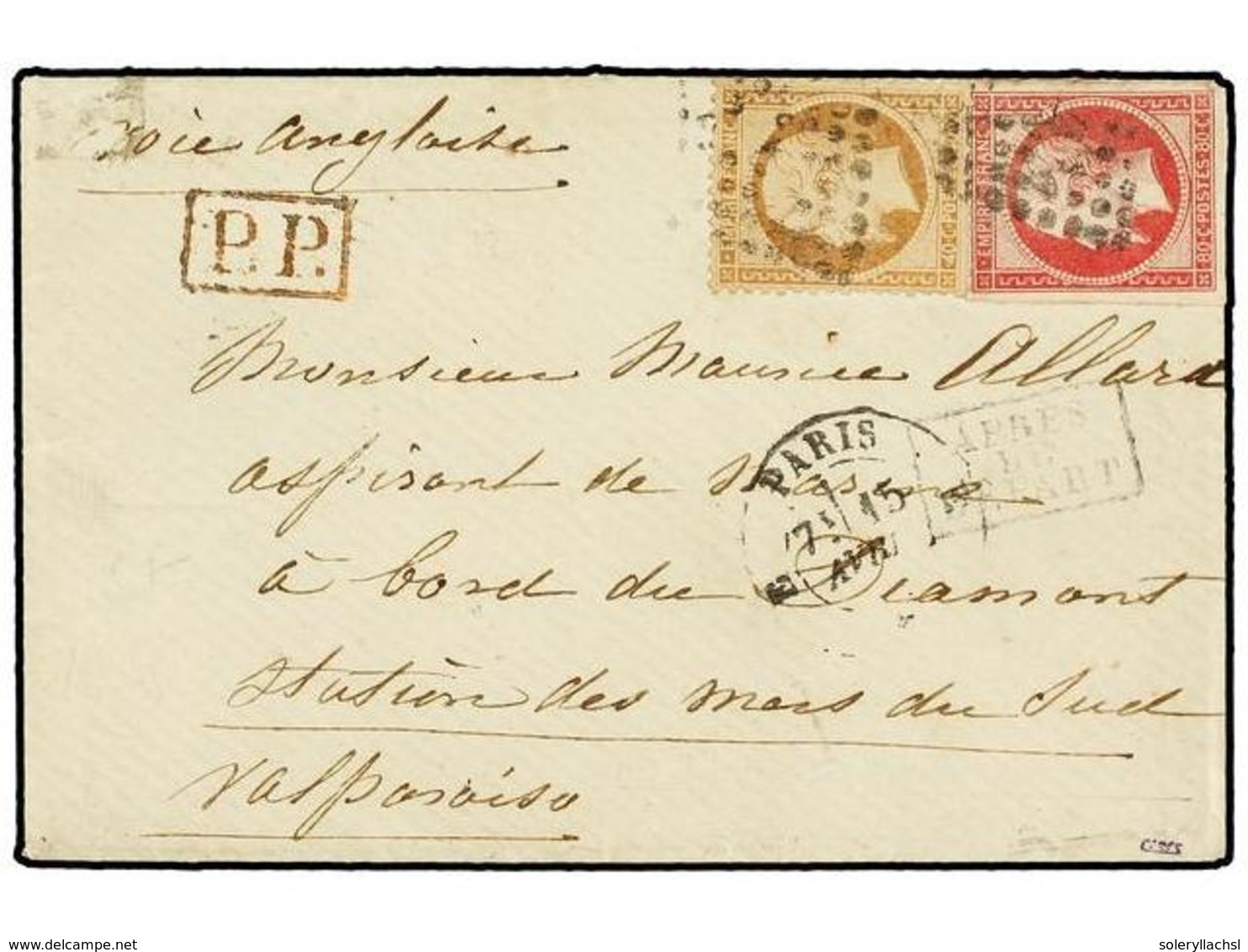 220 FRANCIA. Yv.17, 23. 1863. PARÍS A VALPARISO (Chile). <B>40 Cts.</B> Naranja Y <B>80 Cts.</B> Rosa Carmín, Sobre Diri - Other & Unclassified