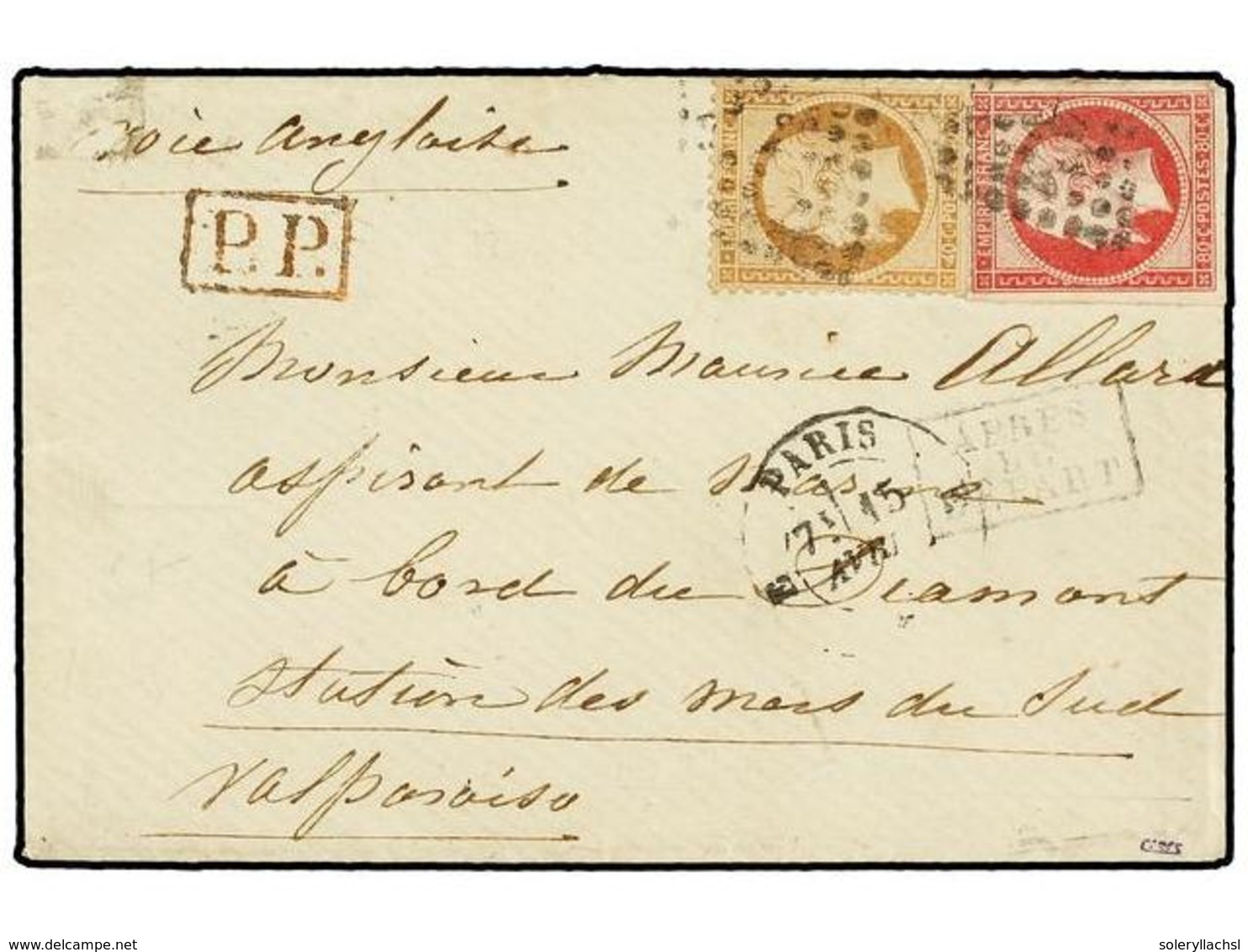 220 FRANCIA. Yv.17, 23. 1863. PARÍS A VALPARISO (Chile). <B>40 Cts.</B> Naranja Y <B>80 Cts.</B> Rosa Carmín, Sobre Diri - Autres & Non Classés