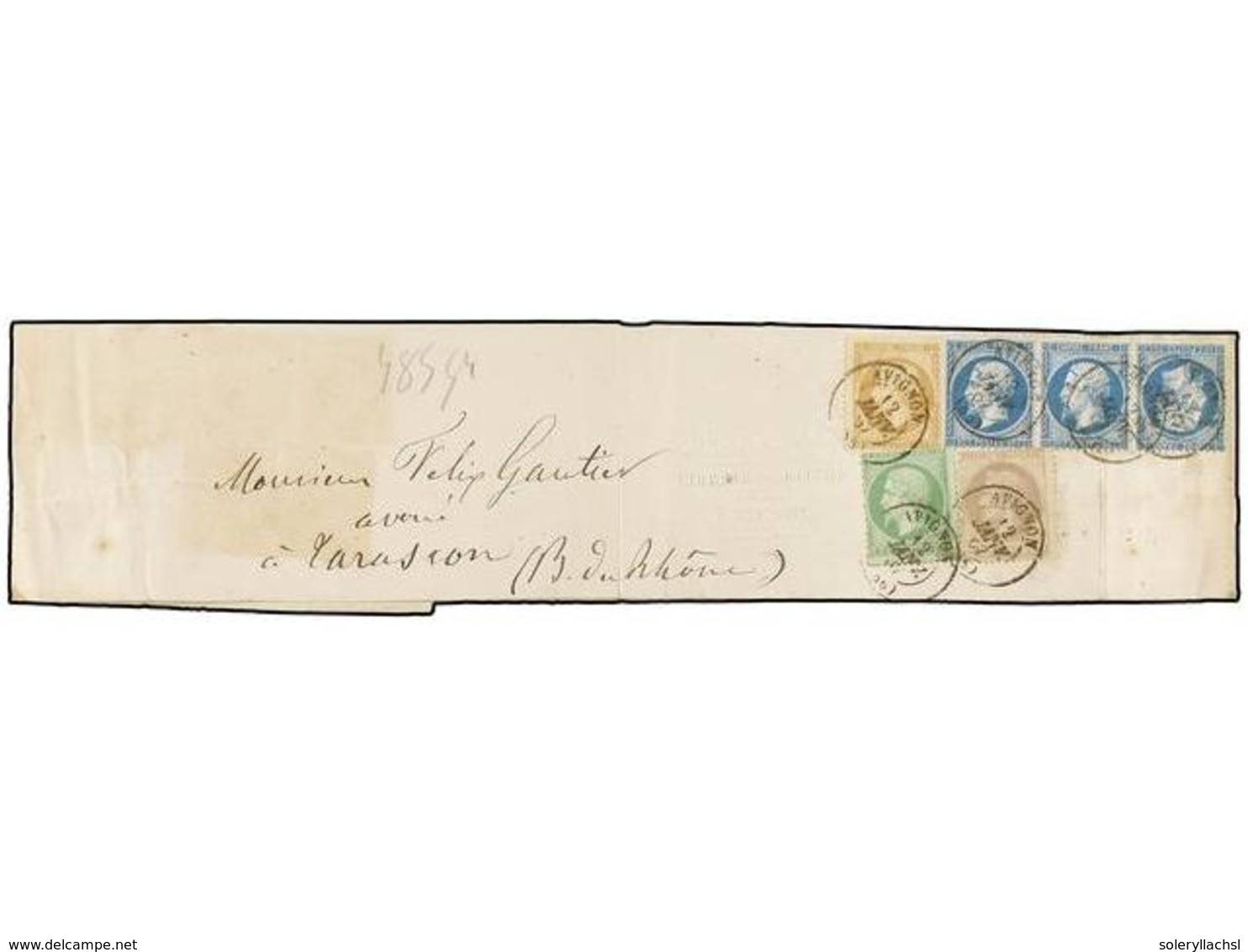 221 FRANCIA. Yv.22T, 20, 21, 27. 1867. AVIGNON A TARASCON. FAJA DE PRENSA Franqueada Con Sellos De <B>4 Cts.</B> Gris, < - Andere & Zonder Classificatie