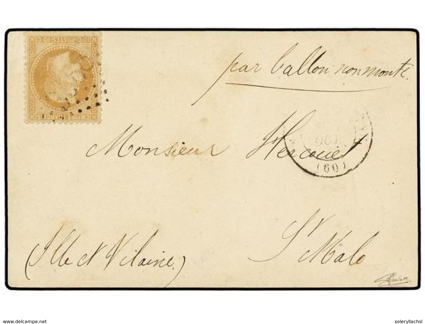 222 FRANCIA. Yv.28. 1870 (17 Oct.). SAINT DENIS SUR SEINE A SAINT MALO. <B>BALLON MONTEE 'LE GARIBALDI'</B>. Tarjeta Con - Other & Unclassified