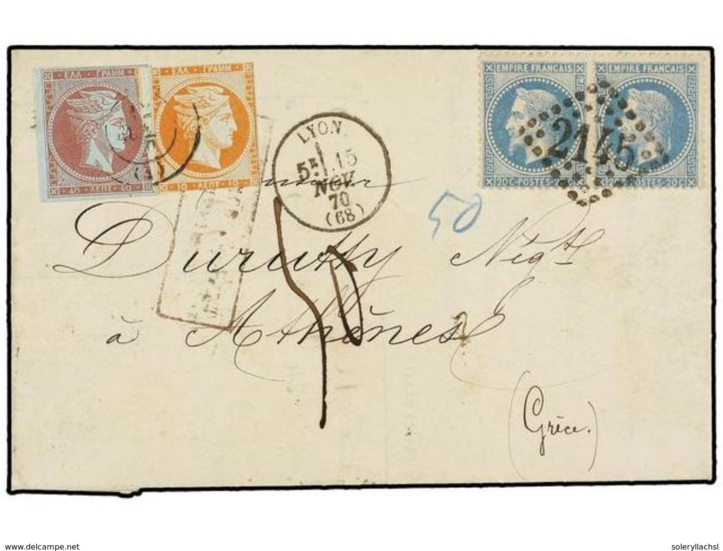 223 FRANCIA. 1870. LYON A ATENAS (Grecia). <B>20 Cts.</B> Azul (2). Mat. <B>ROMBO DE PUNTOS 2145</B>. Tasada A La Llegad - Andere & Zonder Classificatie