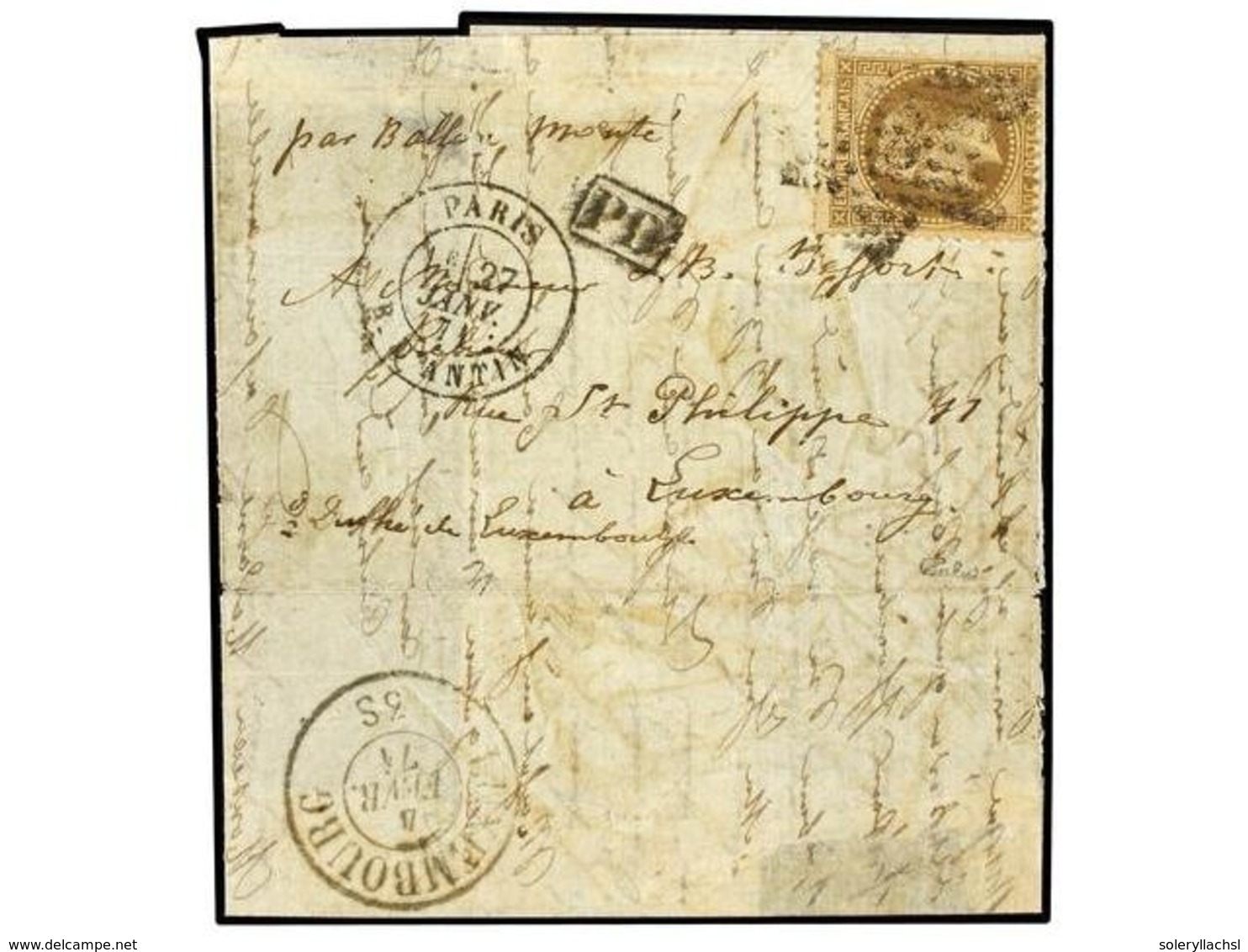 224 FRANCIA. Yv.30. 1871. PARÍS A LUXEMBURGO. <B>BALLON MONTE</B>. <B>30 Cts.</B> Castaño. Mat. <B>ESTRELLA</B> De París - Autres & Non Classés