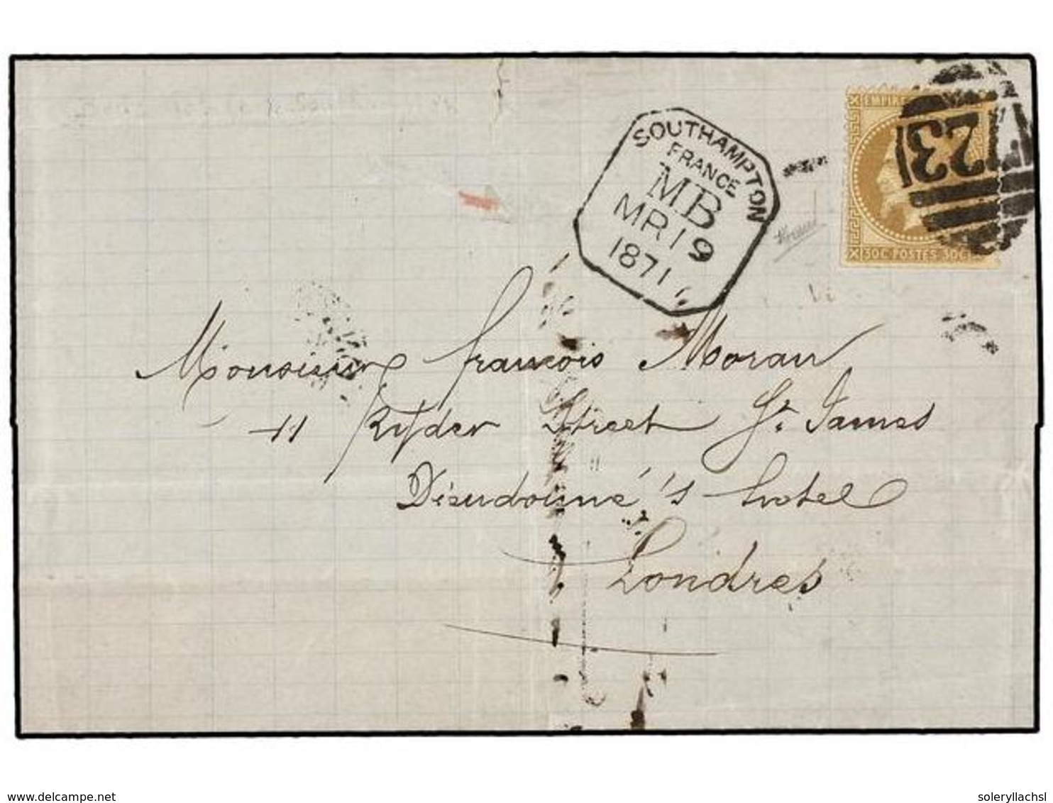 225 FRANCIA. Yv.30. 1871. ST. MALO To LONDON. <B>30 Cts.</B> Brown (one Margin Scissors Cut) Cancelled With <B>GB. 723</ - Andere & Zonder Classificatie