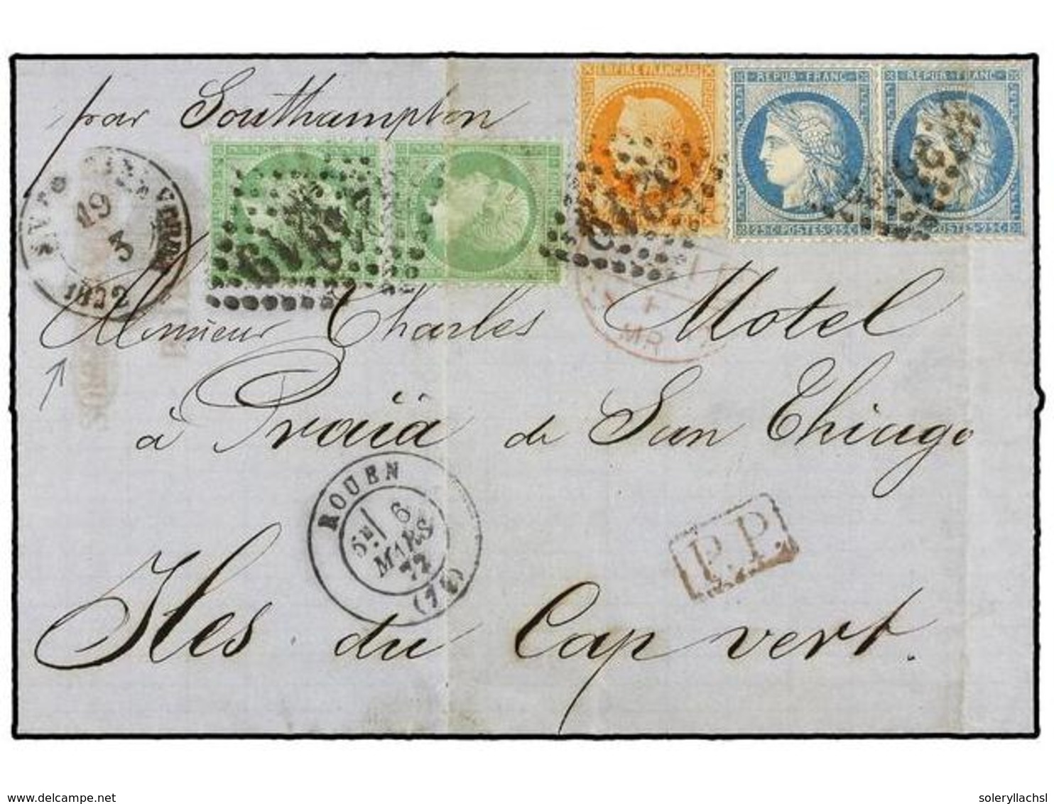 227A FRANCIA. Yv.20 (2), 31, 60 (2). 1872. ROUEN A ISLAS DE CABO VERDE.<B> 5 Cts.</B> Verde (2), <B>25 Cts.</B> (2) Y <B - Other & Unclassified