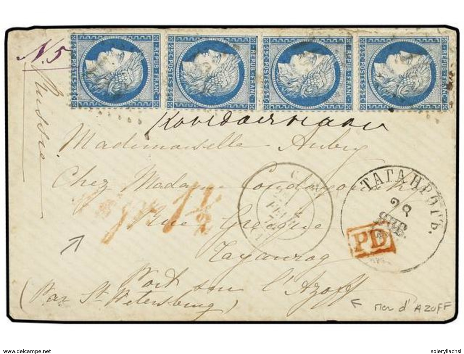 227B FRANCIA. Yv.60 (4). 1874. CAEN A TAGANROG (Mar De Azov, Rusia). Sobre Circulado Con Una Tira De Cuatro Sellos Del < - Autres & Non Classés