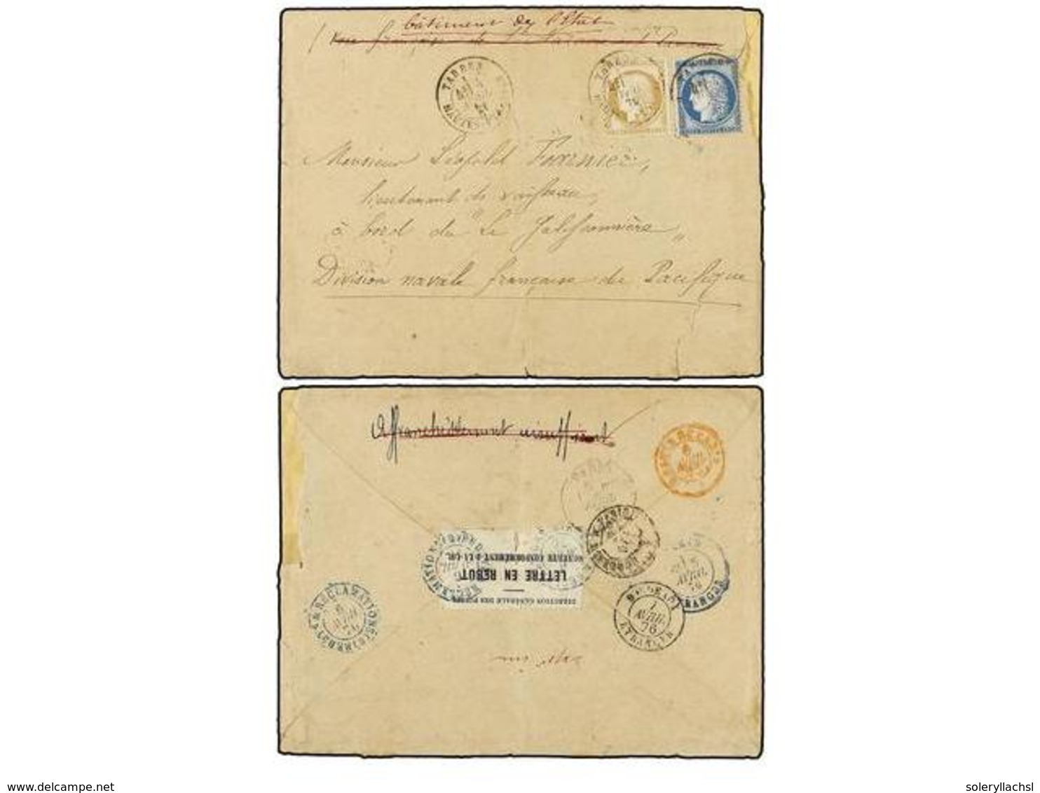 229 FRANCIA. Yv.59, 60. 1876 (4 Abril). TARBES A VALPARAISO. Carta Enviada A Un Militar Francés A Bordo De 'La Galissonn - Andere & Zonder Classificatie