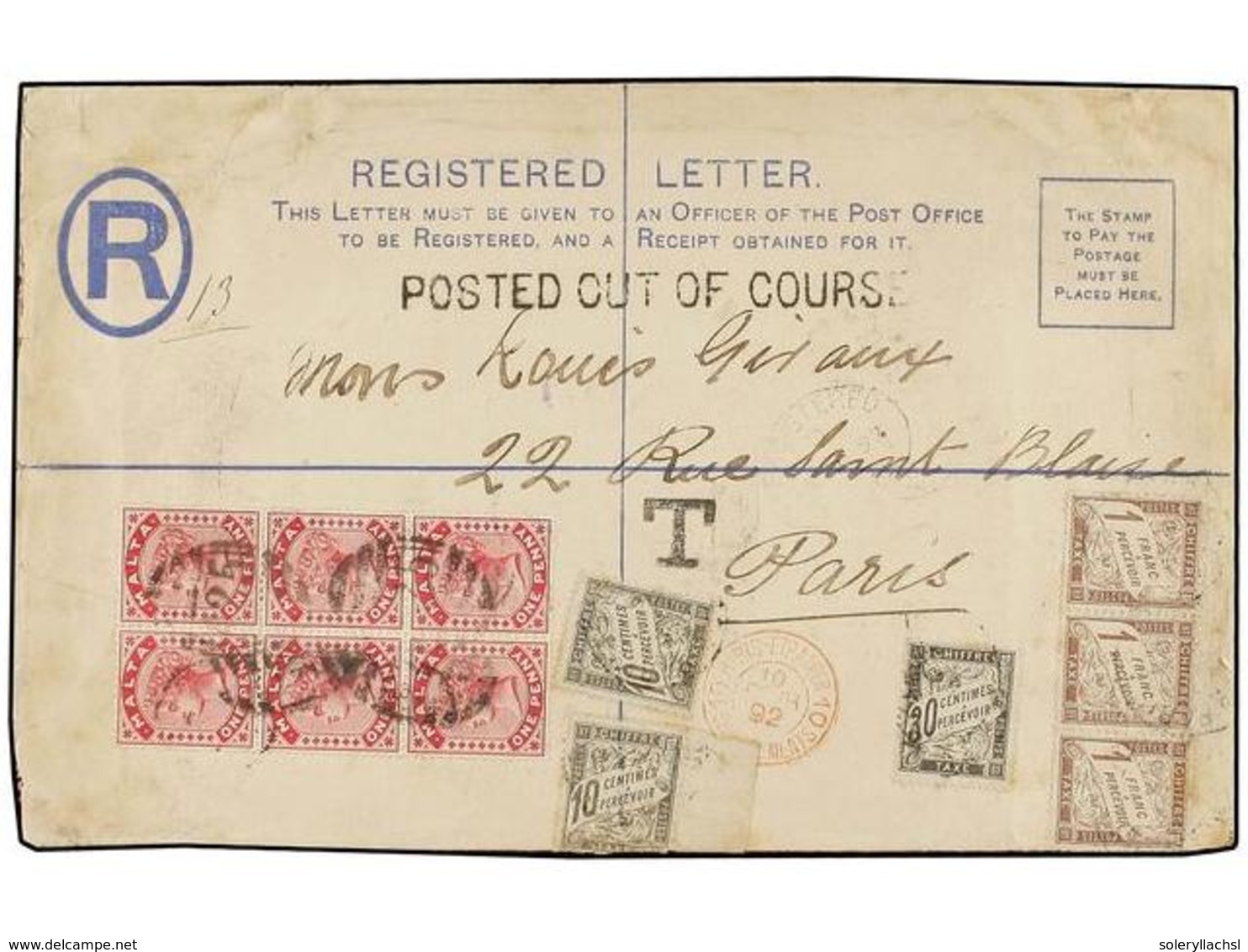 231 FRANCIA. Ed.T 25 (3), 15, 18 (2). 1892. MALTA To FRANCE. <B>2 Pence</B> Registered Postal Stationary Envelope Uprate - Andere & Zonder Classificatie