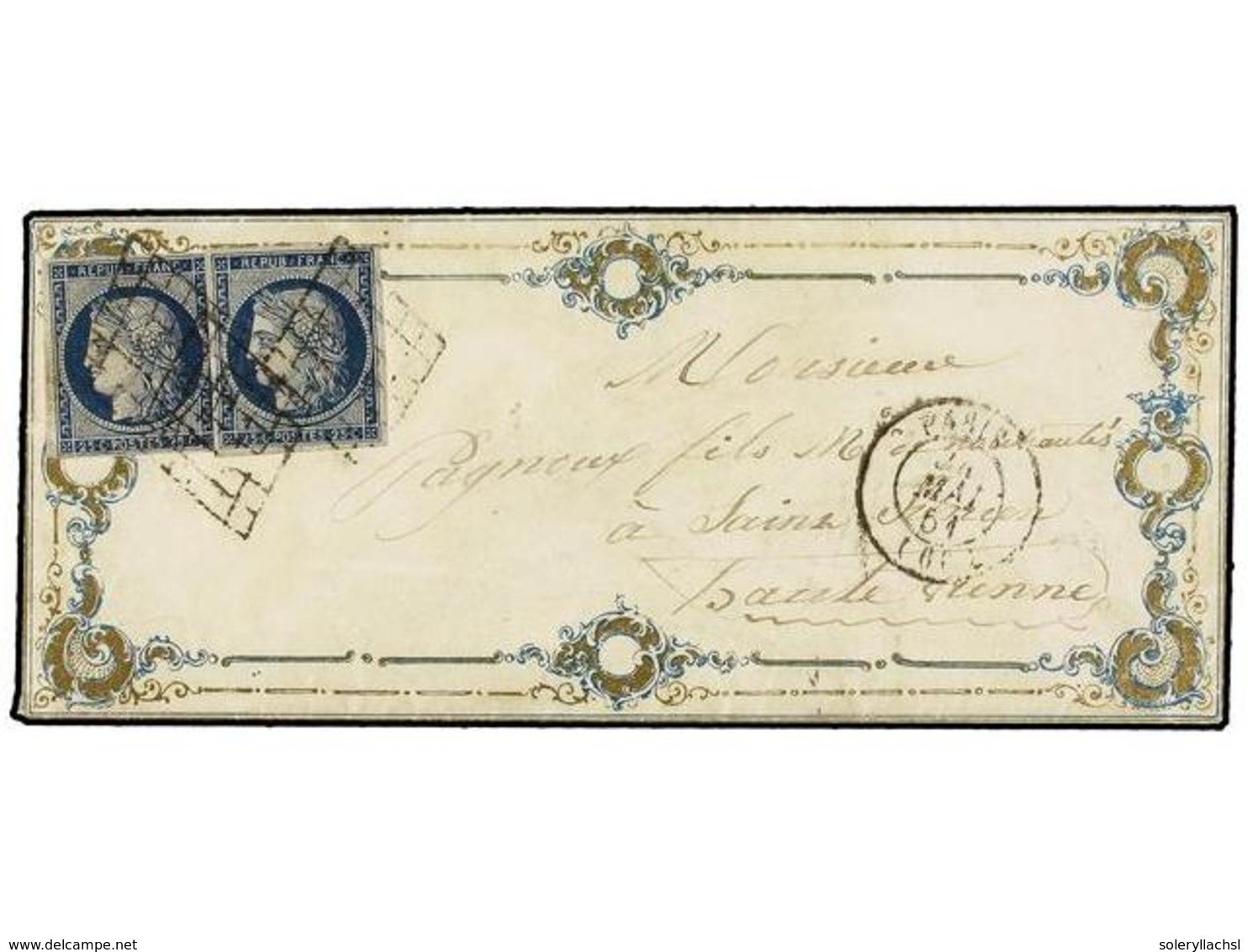 245 FRANCIA. Yv.4 (2). 1851. PARÍS A ST. HUNIEN.<B> 25 Cts.</B> Azul (2), Mat.<B> PARRILLA</B> En Sobre Con Ornamentació - Andere & Zonder Classificatie