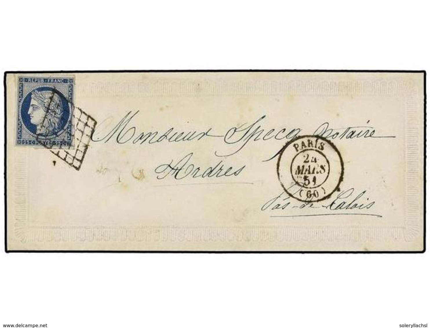 246 FRANCIA. Yv.4. 1851. PARÍS A CALAIS. <B>25 Cts.</B> Azul En Sobre Ornamentado En Relieve. Precioso Y Muy Raro Sobre  - Autres & Non Classés