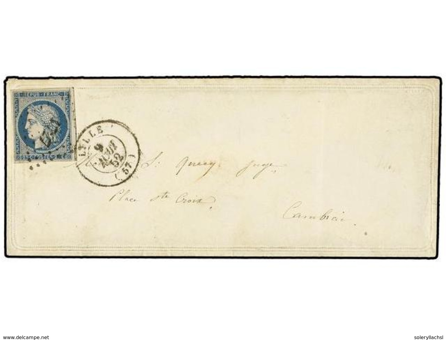 247 FRANCIA. Yv.4. 1852. LILLE A CAMBRAI. <B>25 Cts.</B> Azul En Sobre Ornamentado Con Dos Líneas En Relieve. Raro En La - Andere & Zonder Classificatie