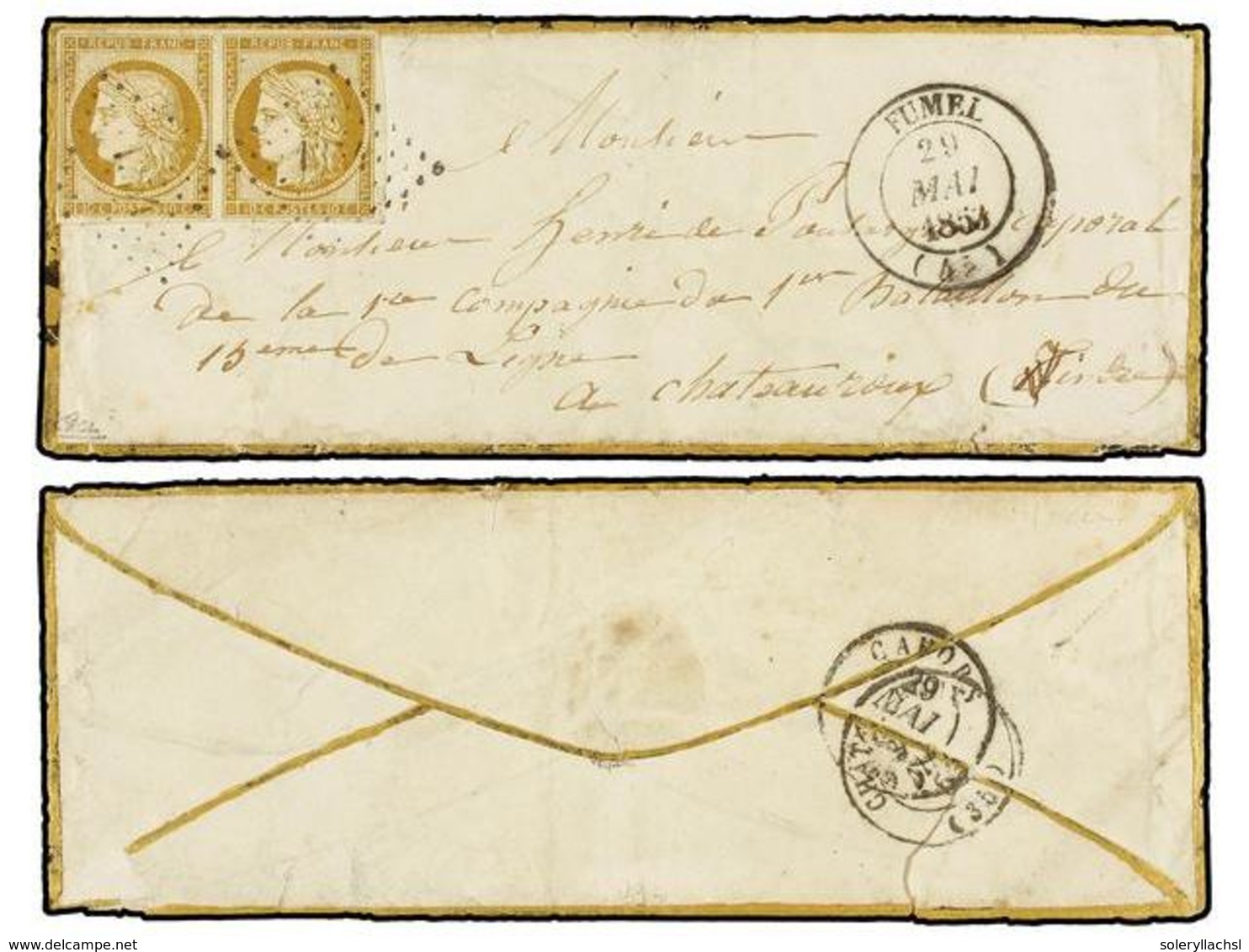 248 FRANCIA. Yv.1 (2). 1853. FUMEL A CHATEAUROUX. <B>10 Cts.</B> Bistre Pareja, Carta Dirigida A Un Militar (tarifa Redu - Autres & Non Classés