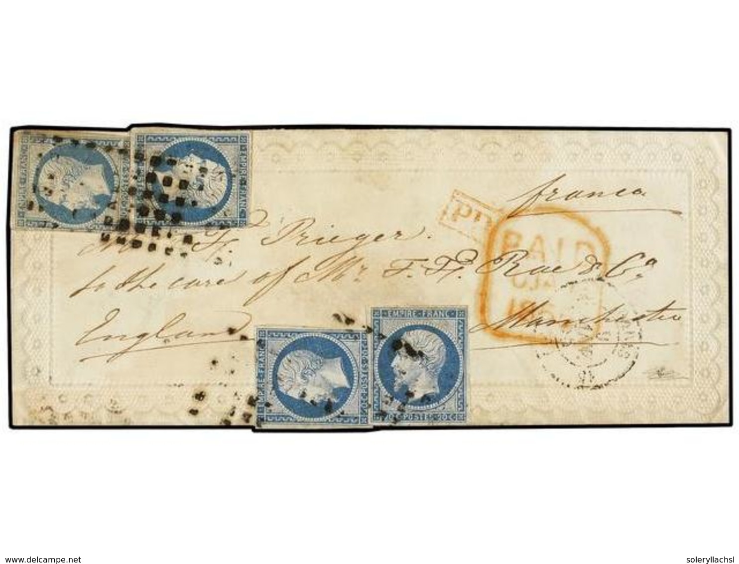 252 FRANCIA. Yv.14 (4). 1855. PARÍS A MANCHESTER (Inglaterra). <B>20 Cts.</B> Azul (4) En Sobre Ornamentado En Relieve.  - Autres & Non Classés