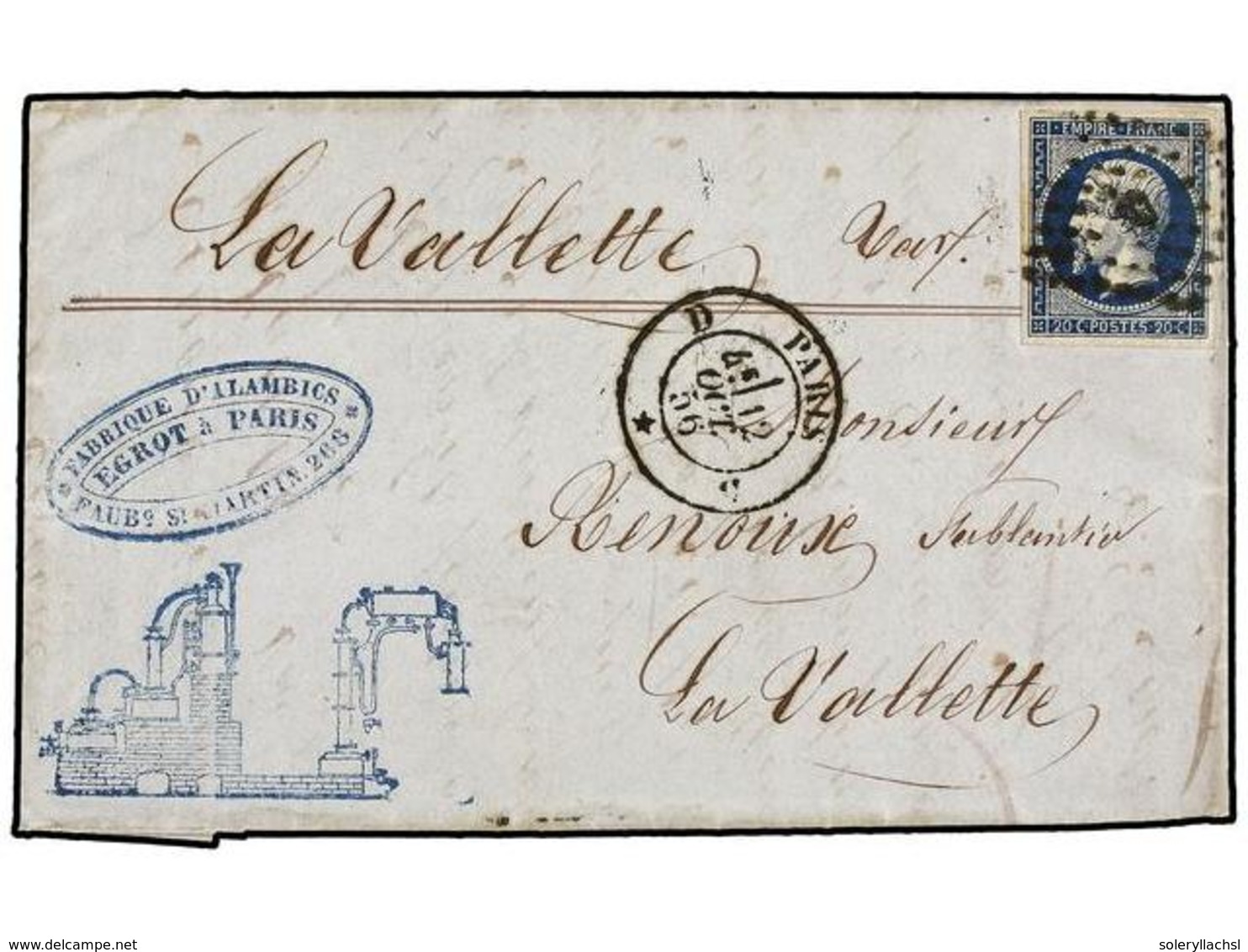 254 FRANCIA. Yv.14. 1856. PARÍS A LA VALLETTE. <B>20 Cts.</B> Azul, Envuelta Con Tampón Comercial En El Exterior <B>FABR - Altri & Non Classificati