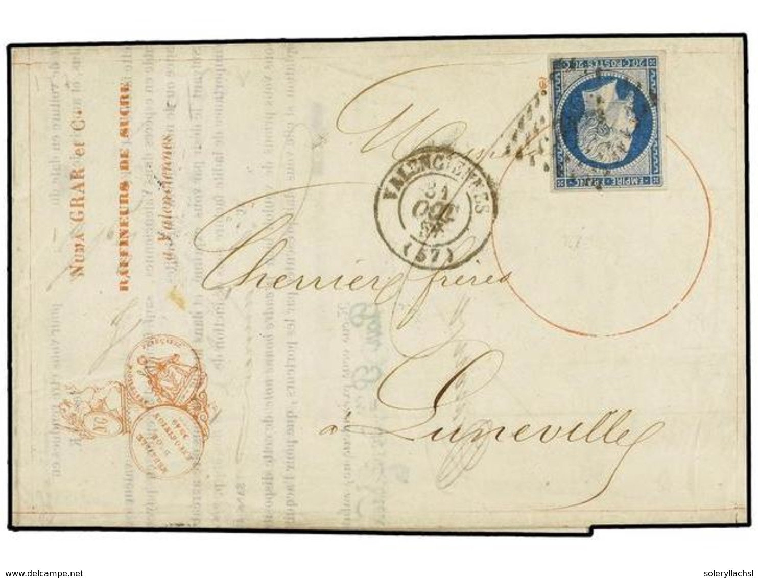 255 FRANCIA. Yv.14. 1857. VALENCIENNES A LUMEVILLE.<B> 20 Cts.</B> Azul Sobre Envuelta-formula Con Publicidad Impresa<B> - Autres & Non Classés