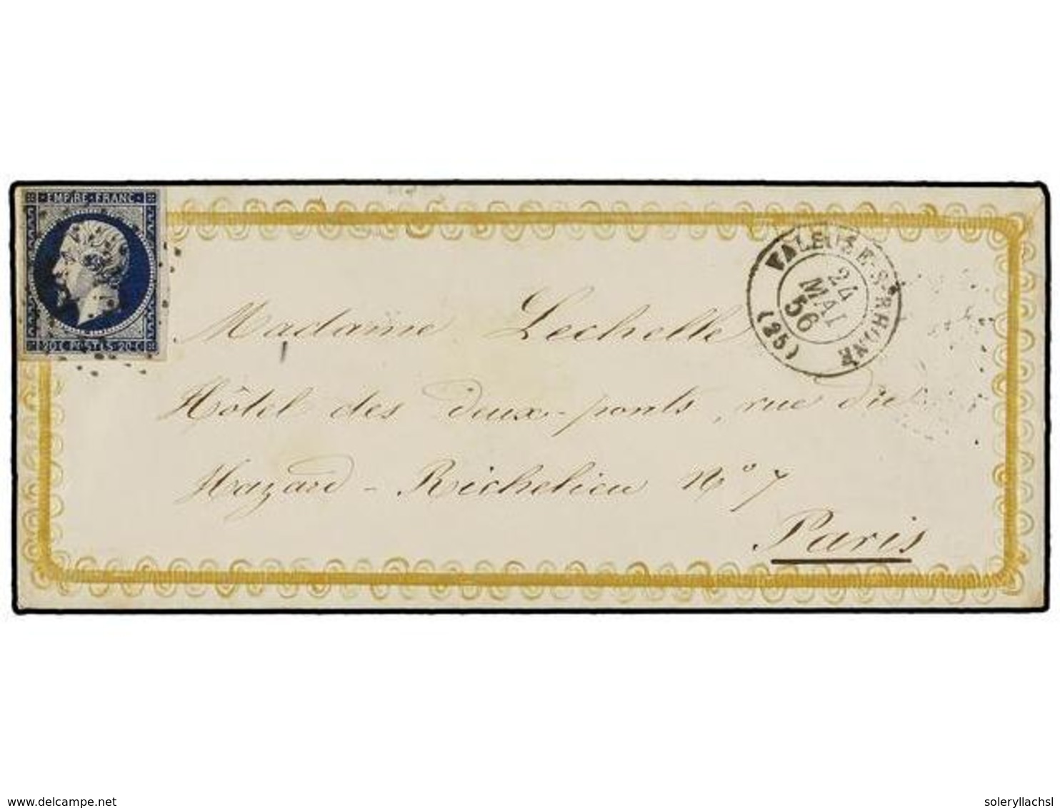 259 FRANCIA. Yv.14. 1856. VALENCE S. RHONE A PARÍS. <B>20 Cts.</B> Azul. Sobre Con Ornamentación En Relieve Y Oro Impres - Autres & Non Classés