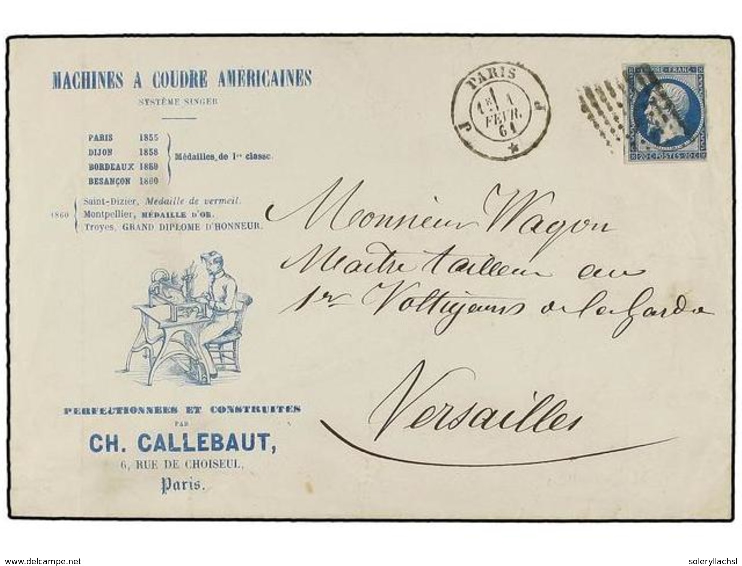 263 FRANCIA. Yv.14. 1861. PARÍS A VERSAILLES. <B>20 Cts.</B> Azul Con Publicidad Impresa <B>MACHINES A COUDRE AMERICAINE - Autres & Non Classés