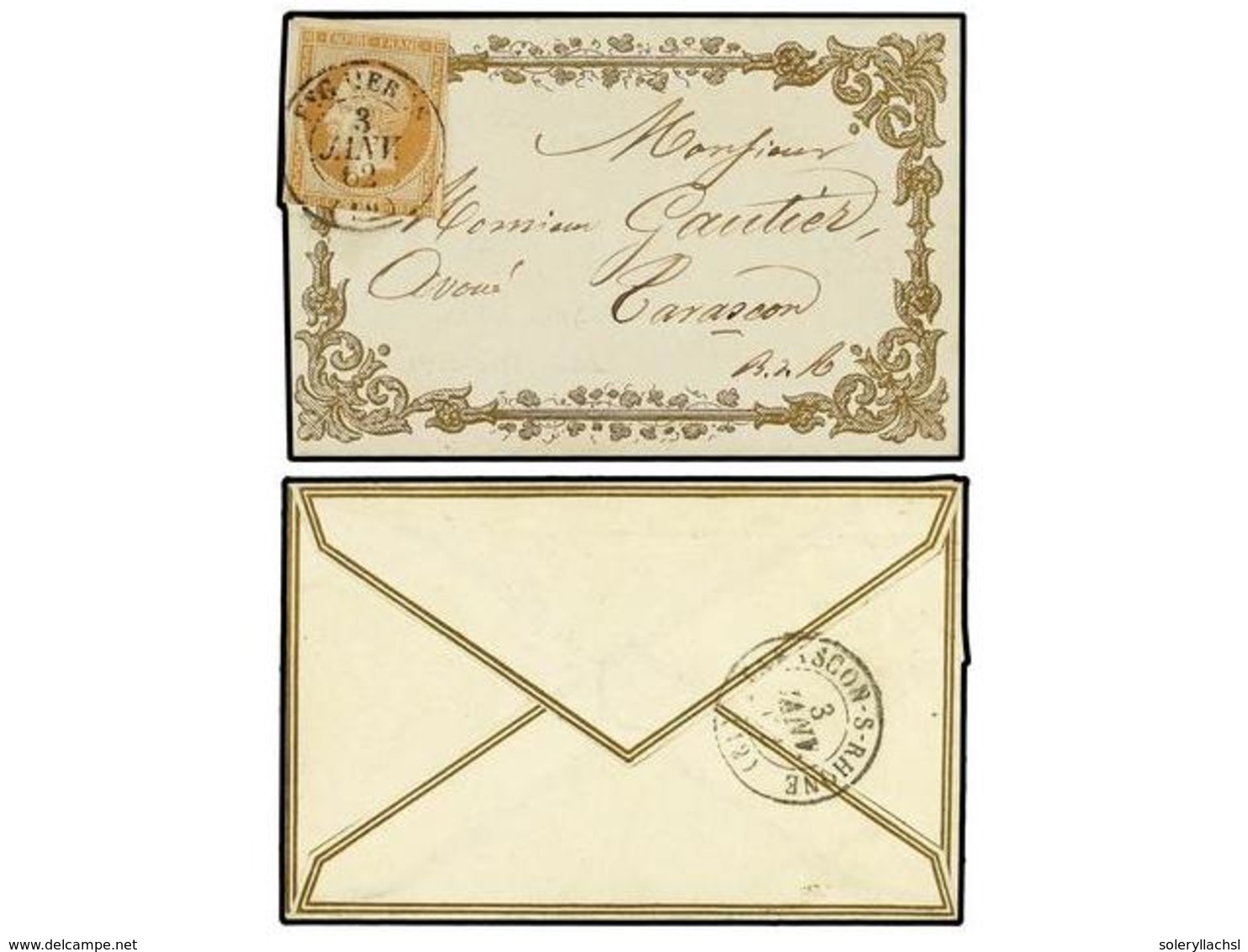 266 FRANCIA. Yv.13. 1862. EYGUIERES A TARASCON. <B>10 Cts.</B> Bistre Sobre Pequeño Sobre Con Ornamentación Dorada Impre - Other & Unclassified