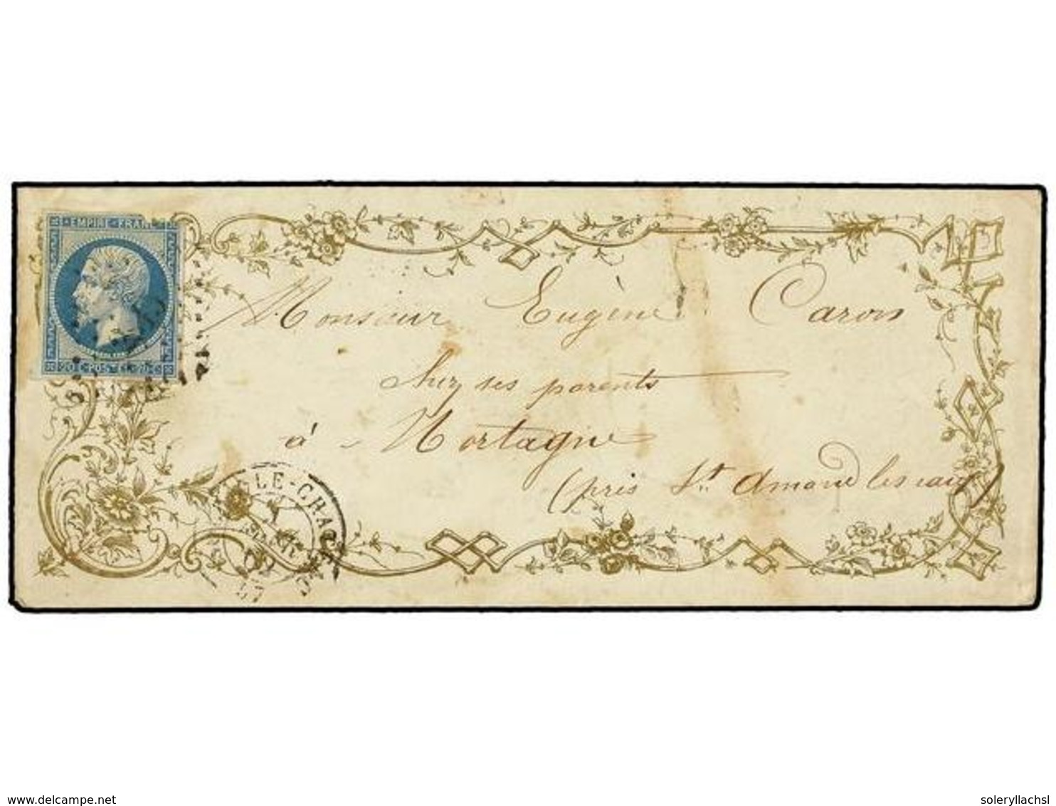 267 FRANCIA. Yv.14. 1862. SOUCHET LE CHATEAU A MONTAGNE. <B>20 Cts.</B> Azul (defecto) En Sobre Con Ornamentación Con Mo - Andere & Zonder Classificatie