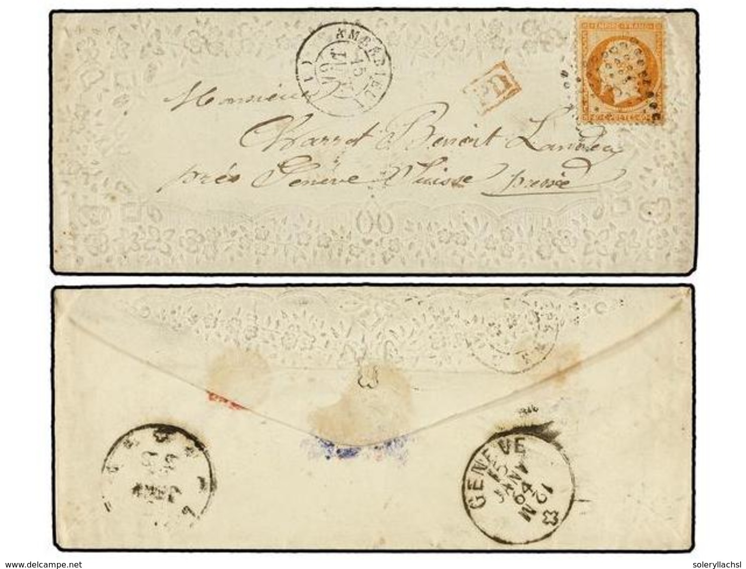 269 FRANCIA. Yv.23. 1864. AMBERIEU A LANDECY (Suiza). <B>40 Cts.</B> Naranja, Sobre Ricamente Ornamentado Con Motivos Fl - Autres & Non Classés