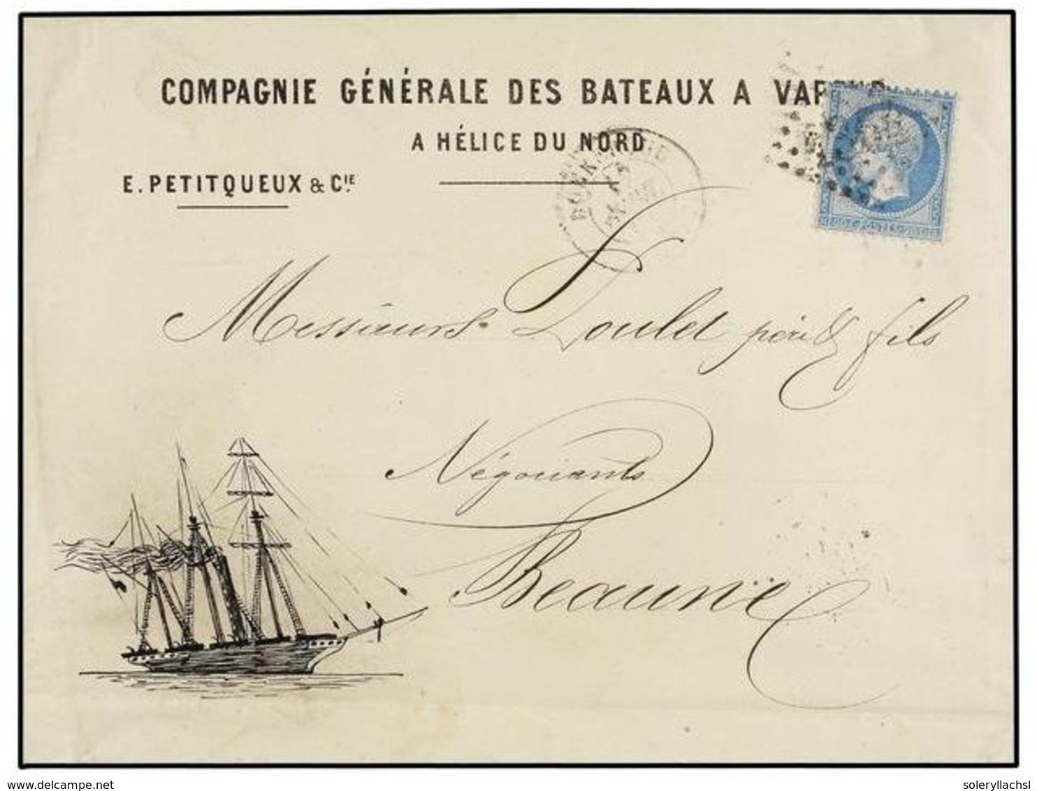 273 FRANCIA. Yv.29. 1867. DUNKERQUE A BEAUNE. <B>20 Cts.</B> Azul, Sobre Con Publicidad Impresa<B> COMPAGNIE GENERALE DE - Andere & Zonder Classificatie