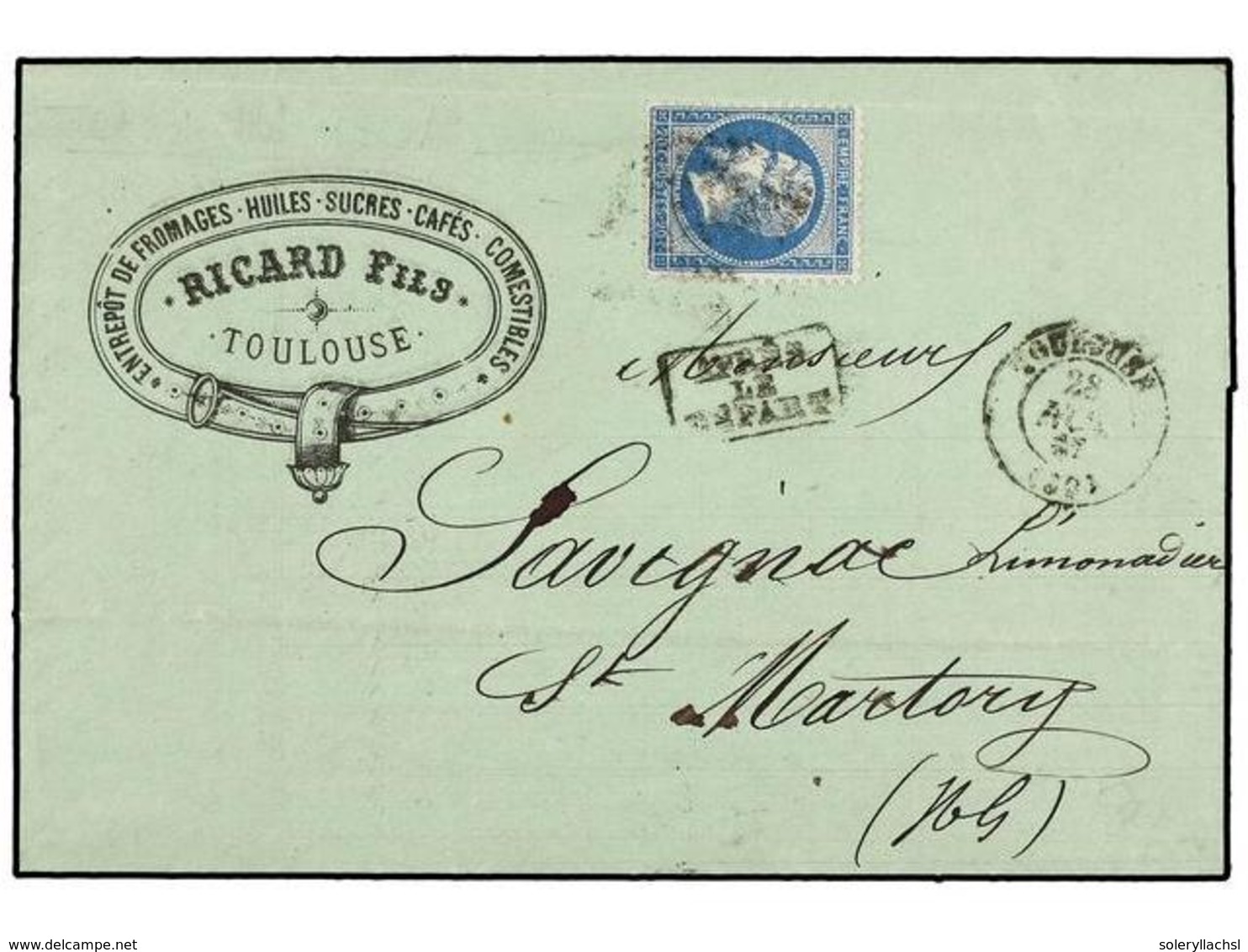 274 FRANCIA. Yv.22. 1867. TOULOUSE A ST. MARTORY. <B>20 Cts.</B> Azul, Envuelta Con Publicidad Impresa <B>ENTREPÔT DE FR - Autres & Non Classés