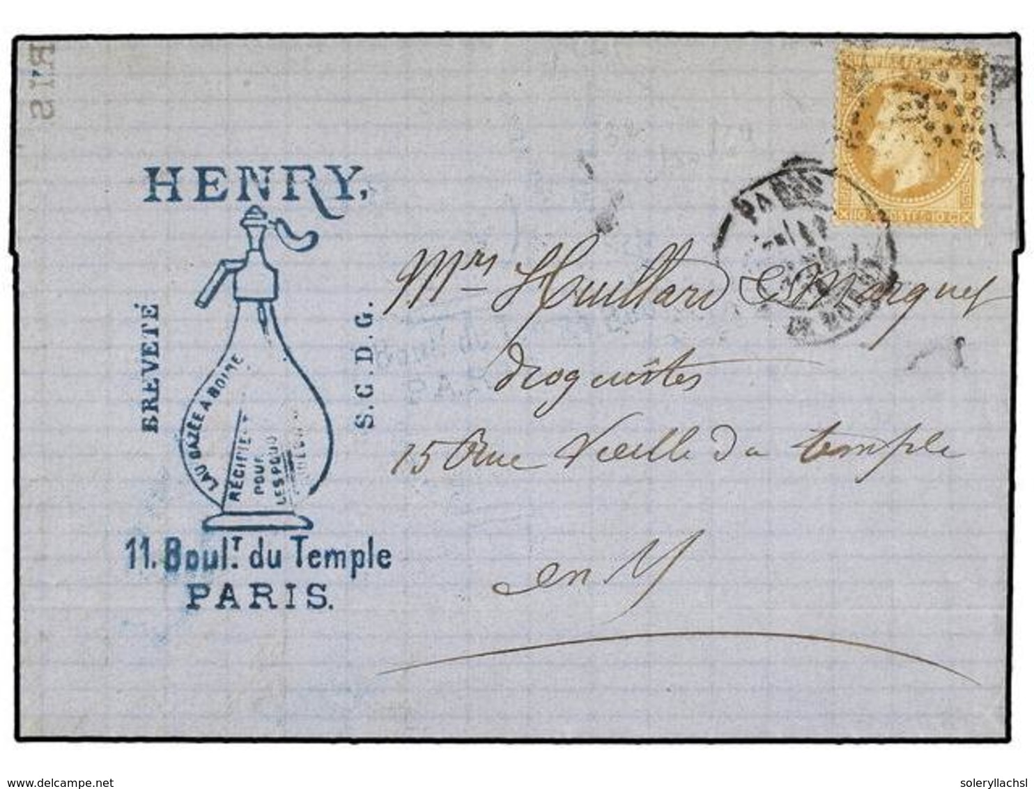 276 FRANCIA. Yv.28. 1870. PARÍS Correo Interior. <B>10 Cts.</B> Bistre Con Tampón Comercial <B>EAU GAZEE A BOIRE. </B>PR - Altri & Non Classificati