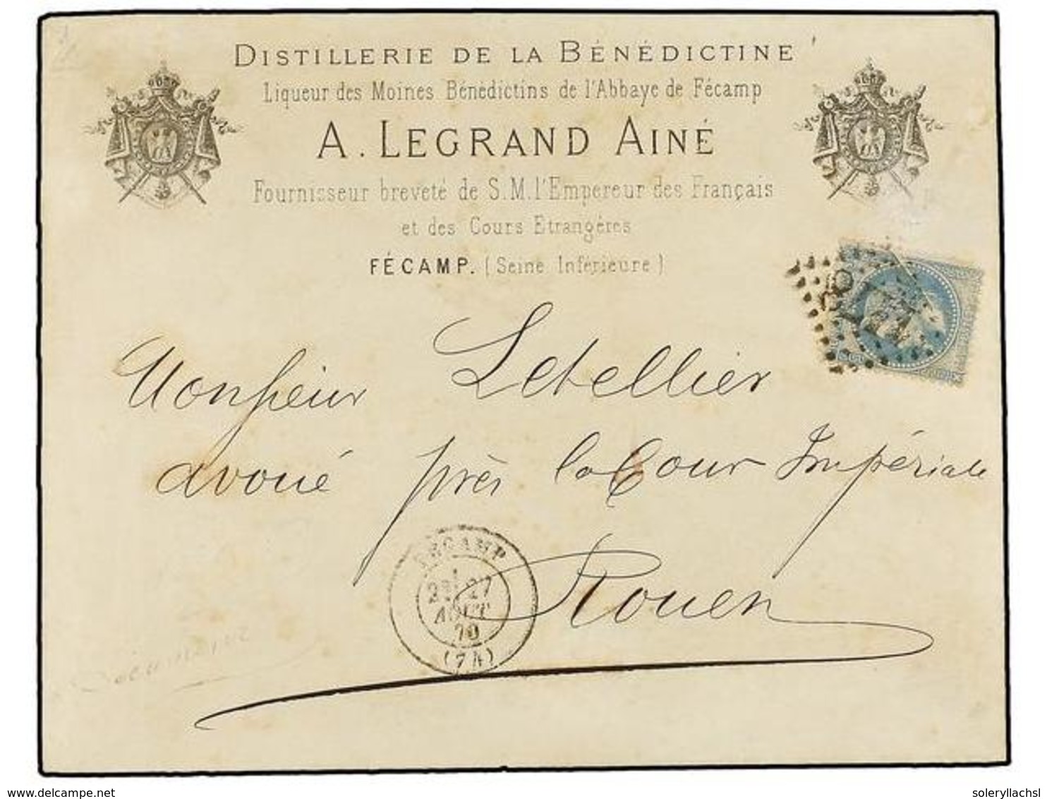 280 FRANCIA. Yv.29. 1870. FECAMP A ROUEN. <B>20 Cts.</B> Azul, Sobre Con Publicidad Impresa<B> DISTILLERIE DE LA BENEDIC - Andere & Zonder Classificatie