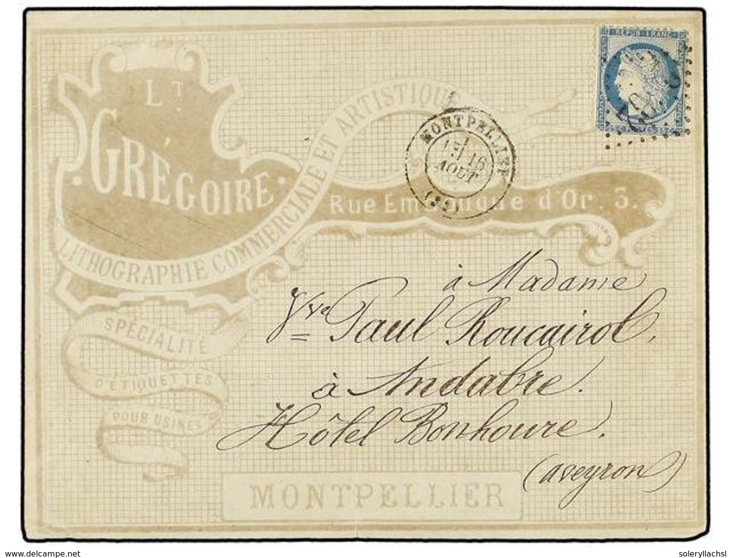 284 FRANCIA. Yv.60. 1873. MONTPELLIER A ANDABRE.<B> 25 Cts.</B> Azul, Sobre Con Publicidad Impresa <B>LITHOGRAPHIE COMME - Altri & Non Classificati