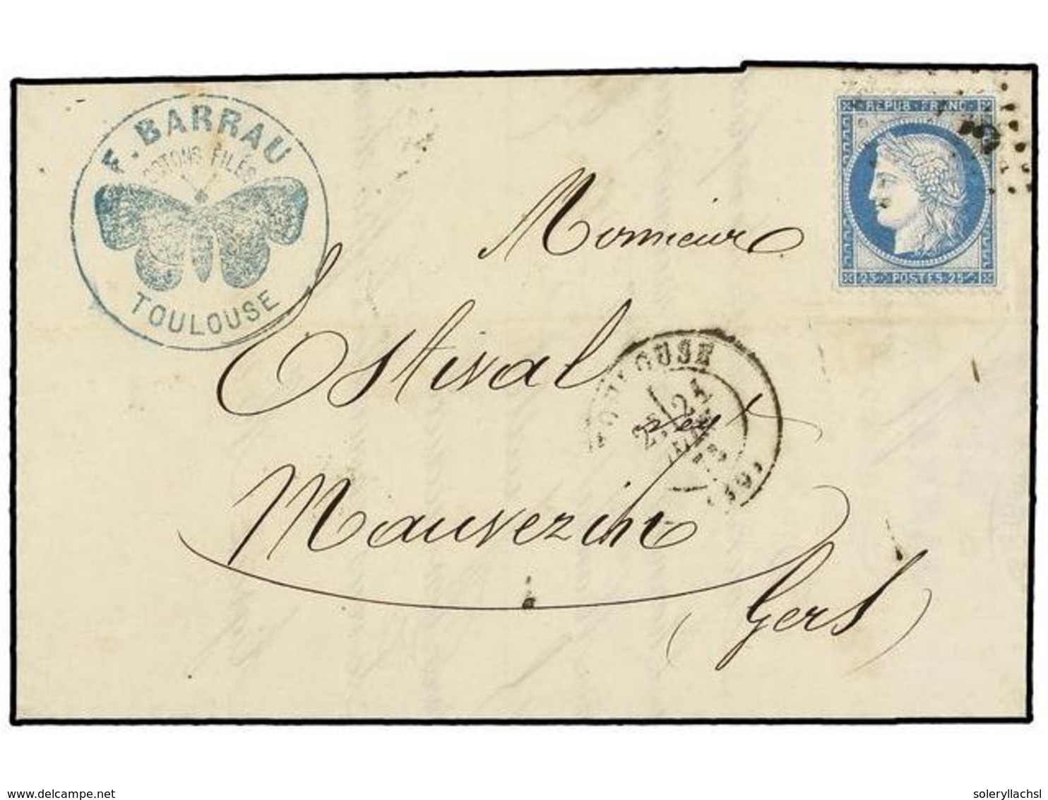 285 FRANCIA. Yv.60. 1873. TOULOUSE A MAUVEZINT. <B>25 Cts.</B> Azul Con Tampón Comercial <B>F. BARRAU/COTONS FILES/TOULO - Autres & Non Classés