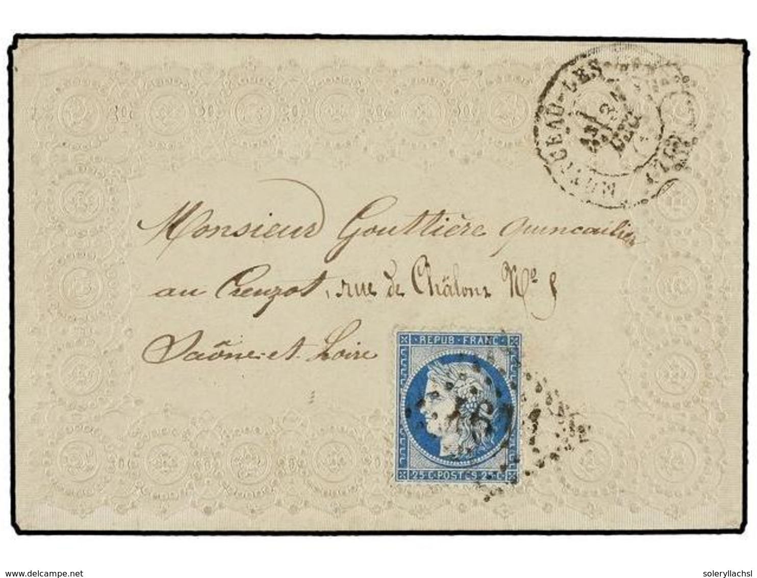 287 FRANCIA. Yv.60. 1874. MONTCEAU A CREUZOT.<B>25 Cts.</B> Azul En Sobre Ornamentado Con Motivos Florales En Relieve. P - Autres & Non Classés