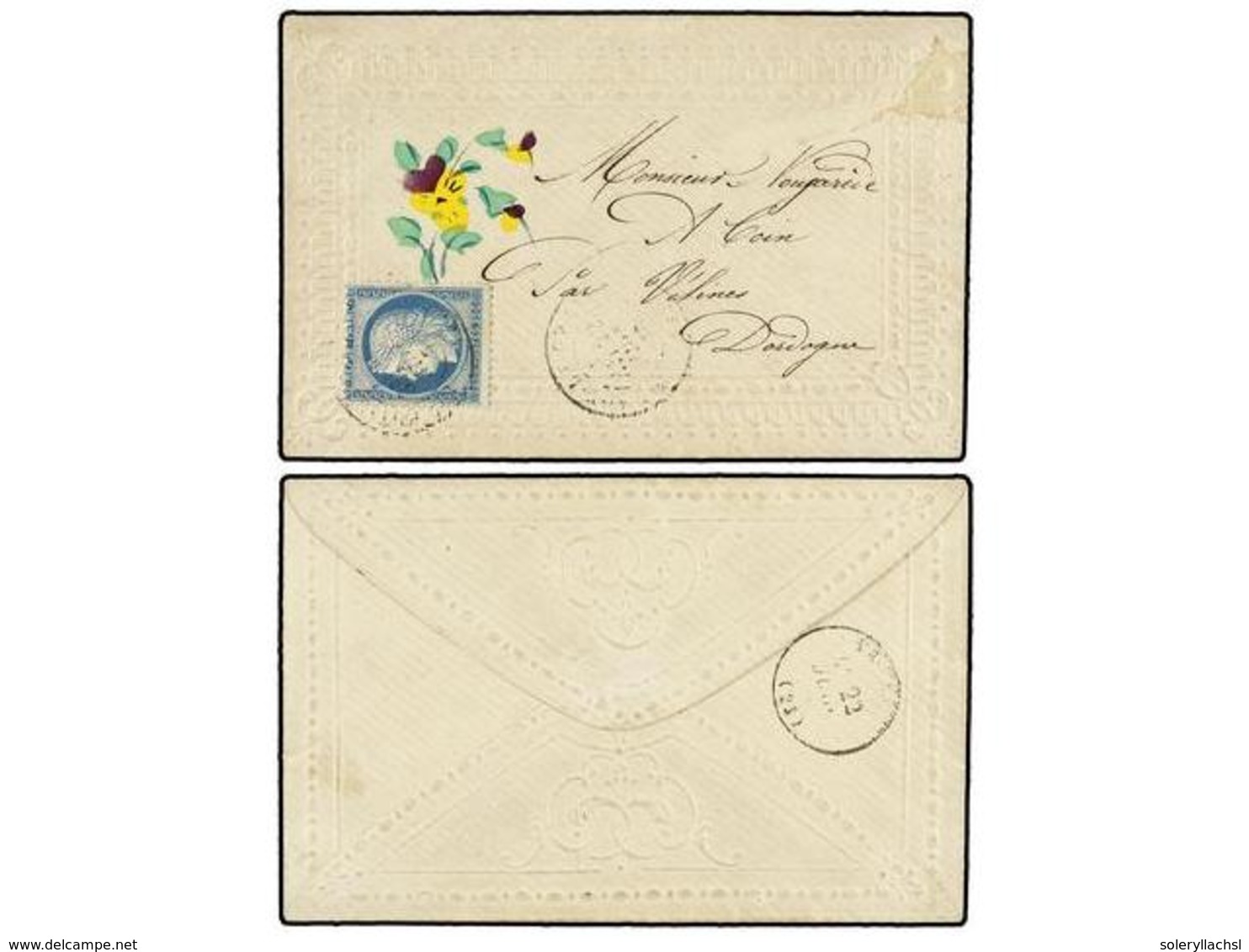 291 FRANCIA. Yv.60. 1878. SAINTE-FOY-LA-GRANDE A VELINES.<B> 25 Cts.</B> Azul En Sobre Ornamentado En Relieve Y Flores D - Altri & Non Classificati