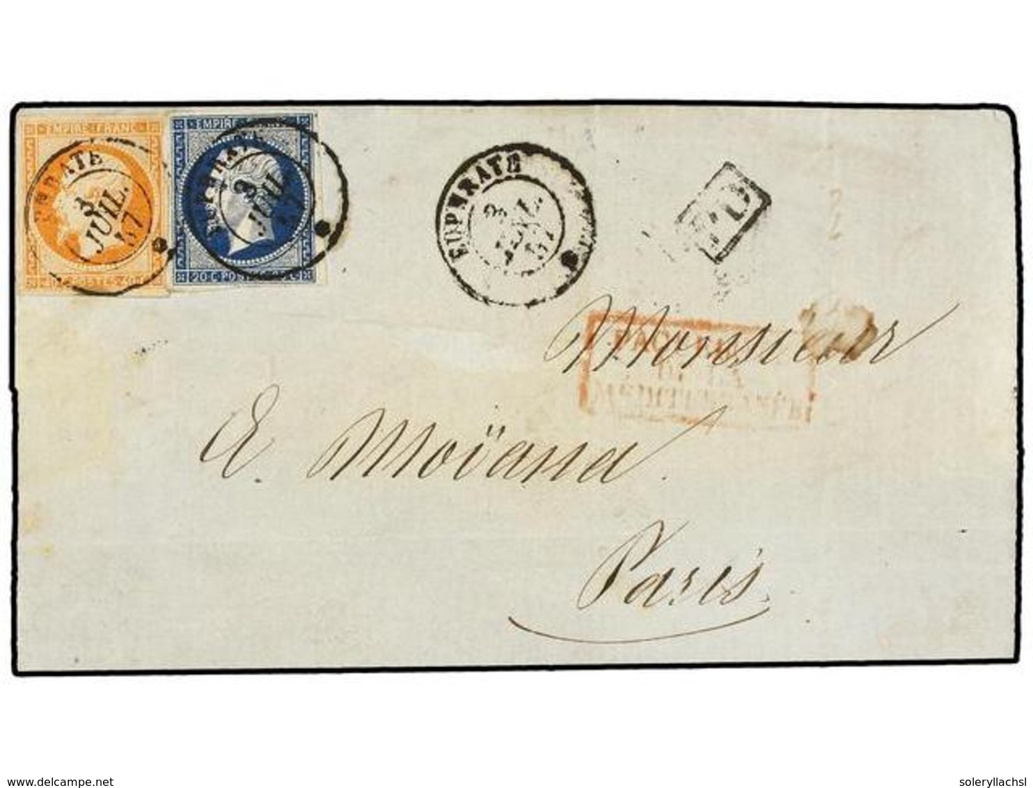 298 FRANCIA. Yv.22, 23. 1857. Envuelta (falta Parte Del Reverso) Circulada A PARÍS. <B>20 Cts.</B> Y <B>40 Cts.</B> Mat. - Autres & Non Classés