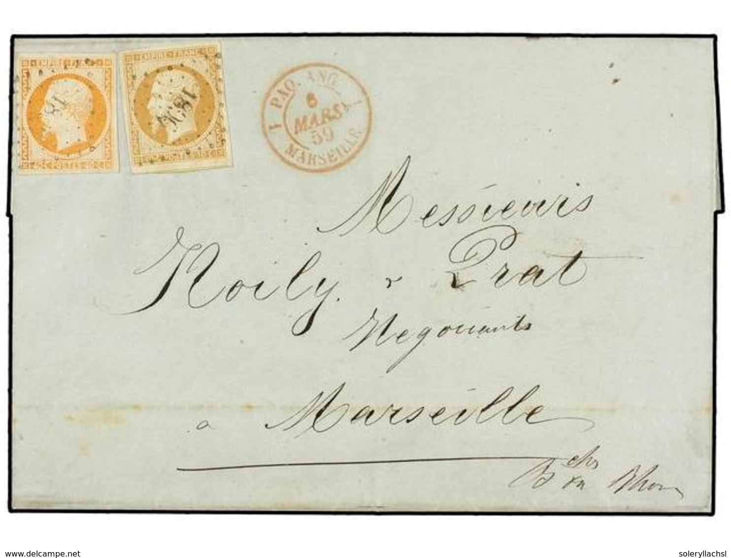 301 EGIPTO. 1859. ALEXANDRIA A MARSEILLE. Circulada Con Sellos Franceses De <B>10 Cts.</B> Bistre Y <B>40 Cts.</B> Naran - Altri & Non Classificati