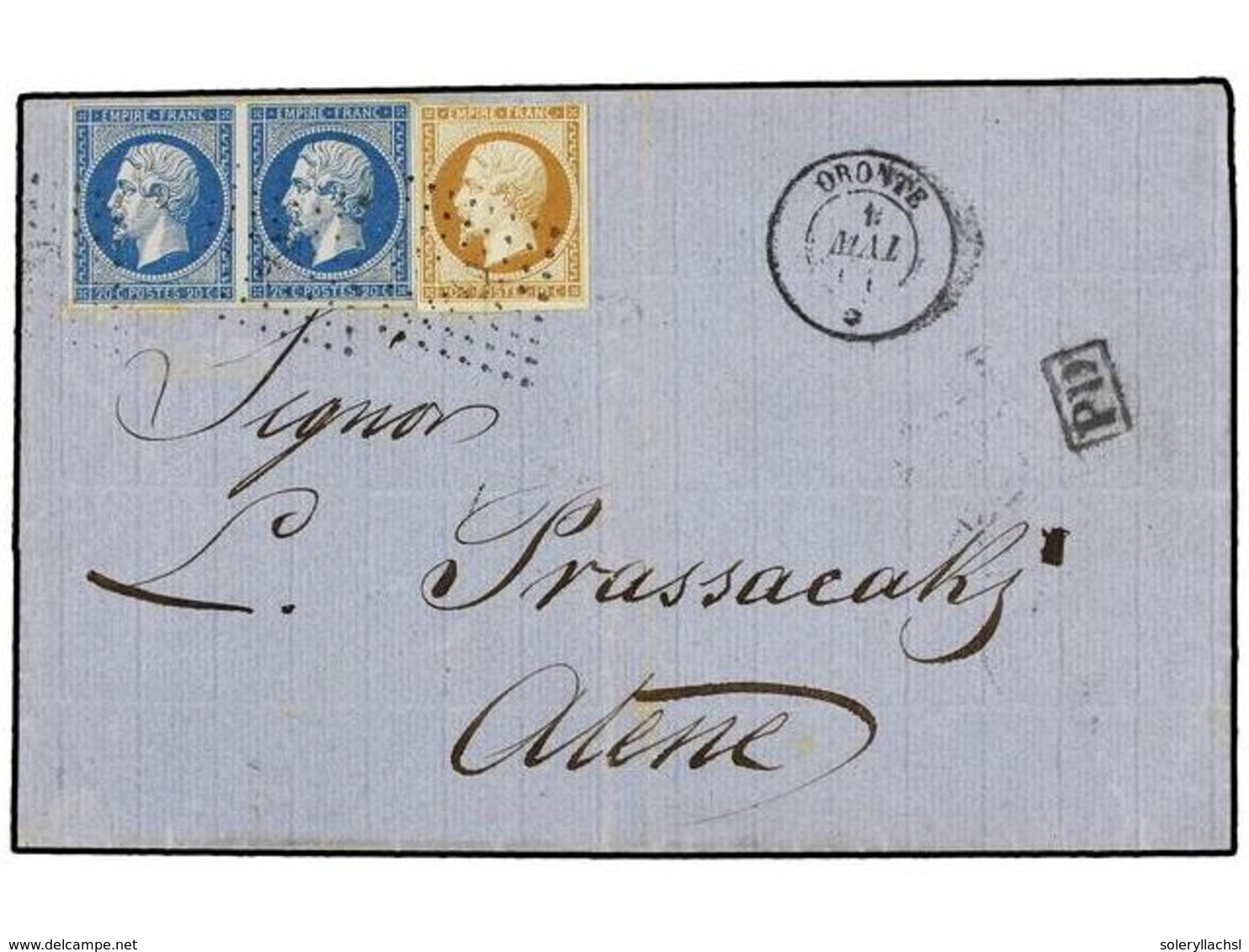 302 LEVANTE: CORREO FRANCES. 1861. SMYRNE A ATENAS. <B>10 Cts.</B> Bistre Y <B>20 Cts.</B> Azul (2) (Yv. 13, 14) Mat. <B - Other & Unclassified