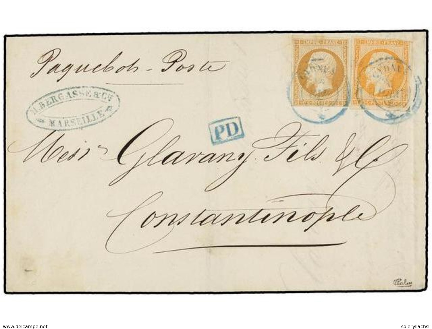 303 FRANCIA. 1862. MARSEILLE A CONSTANTINOPLA. <B>10 Cts.</B> Bistre Y <B>40 Cts.</B> Naranja, Mat. Fechador Del Paquebo - Other & Unclassified