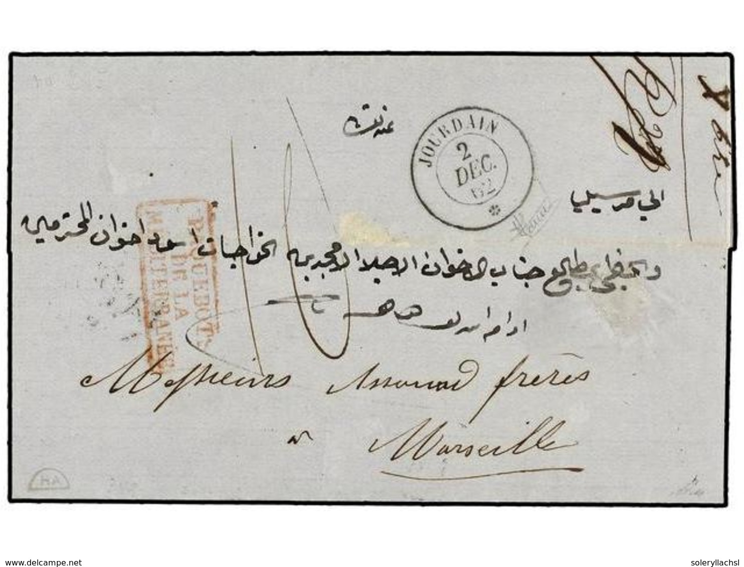 304 LEVANTE: CORREO FRANCES. 1862. TARSOUS (Turquía) A MARSEILLE. Fechador Del Paquebot <B>JOURDAIN/*</B> (Salles 787).  - Andere & Zonder Classificatie