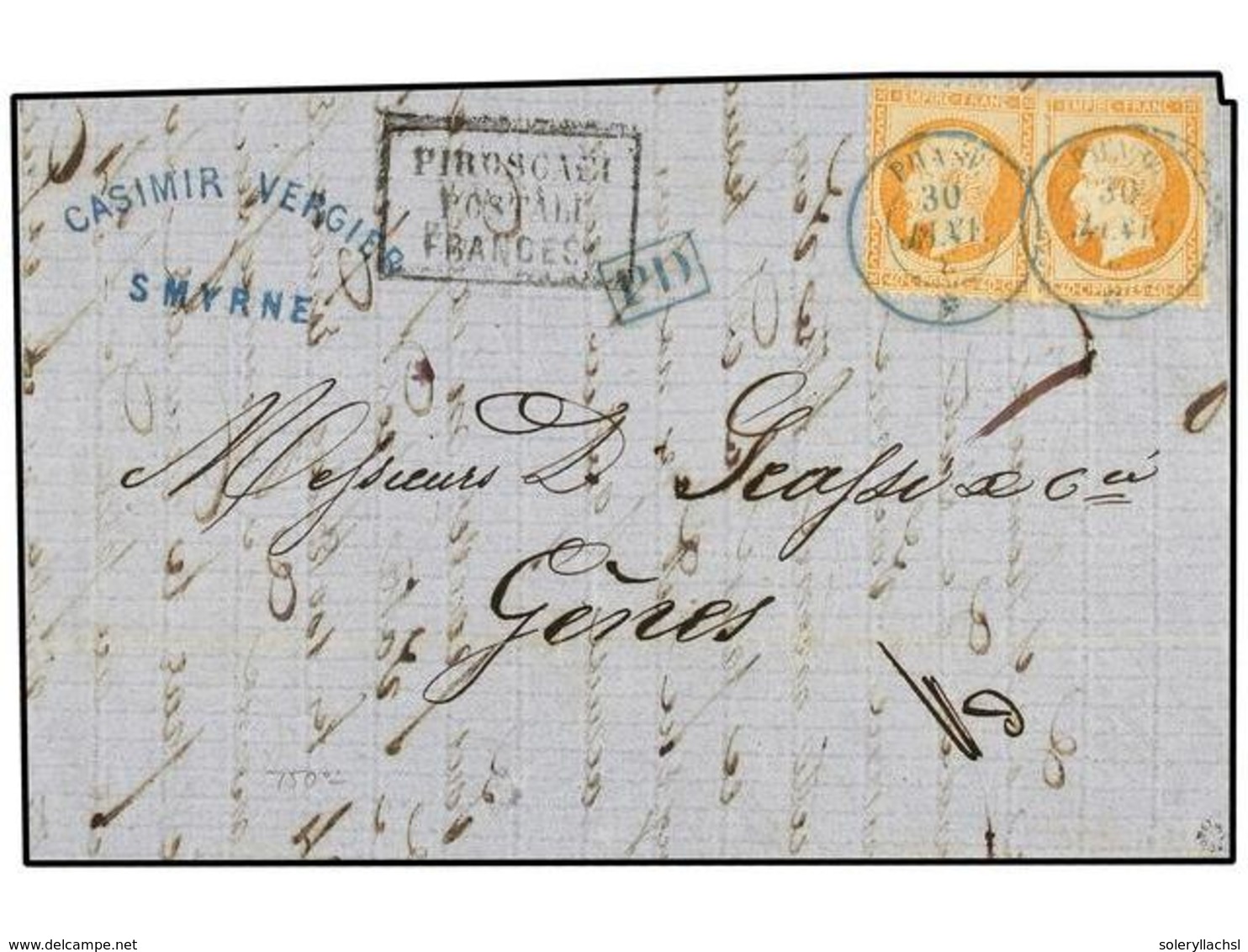 306 LEVANTE: CORREO FRANCES. 1863. SMYRNA A GÉNOVA (Italia). <B>40 Cts.</B> Naranja (2) (Yv. 23) Mat. De Paquebot <B>PHA - Autres & Non Classés