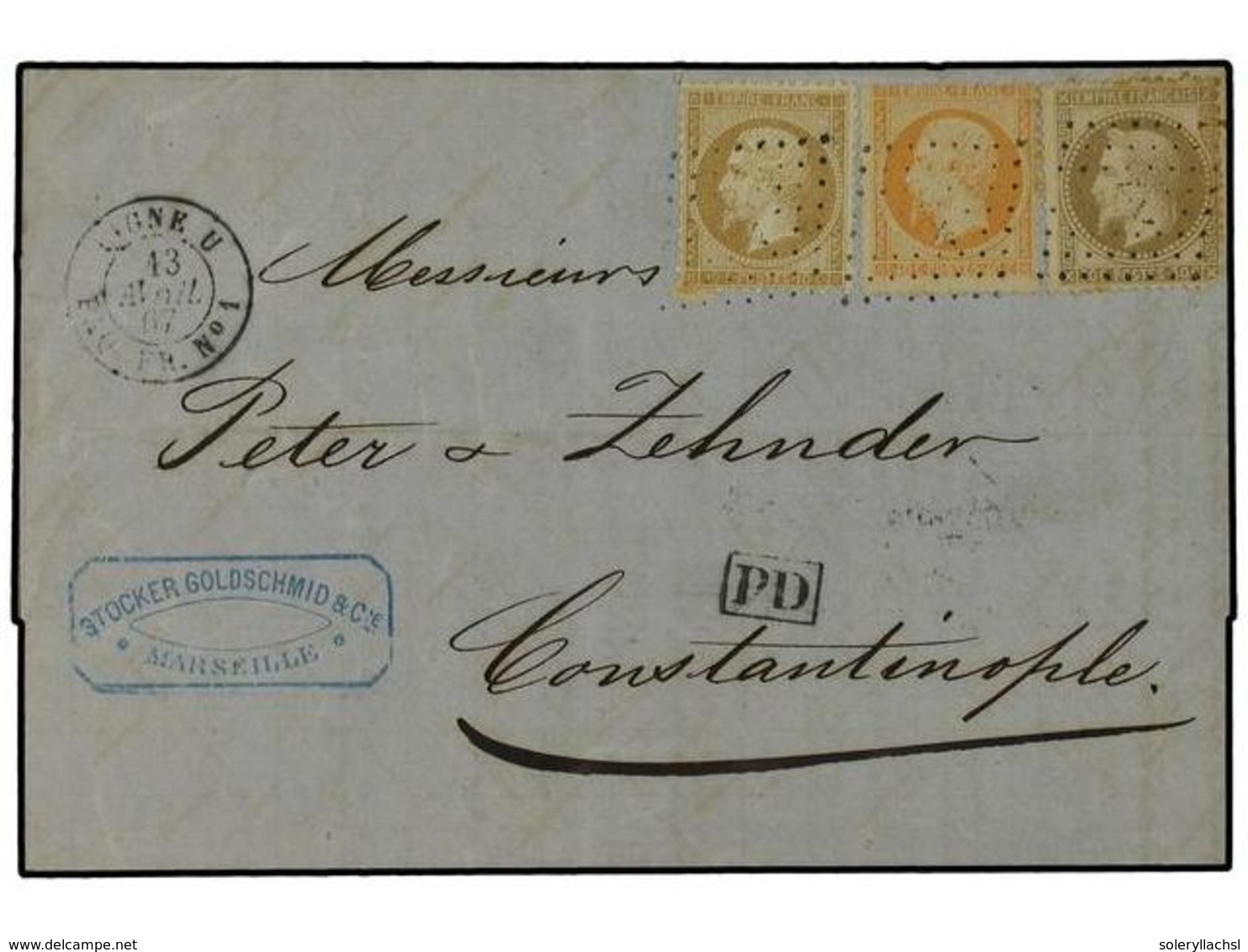 318 FRANCIA. 1867 (April 13). Cover From Marseille To Constantinople With Mixed Issue Franking Of 1862 <B>10c</B>. Bistr - Autres & Non Classés